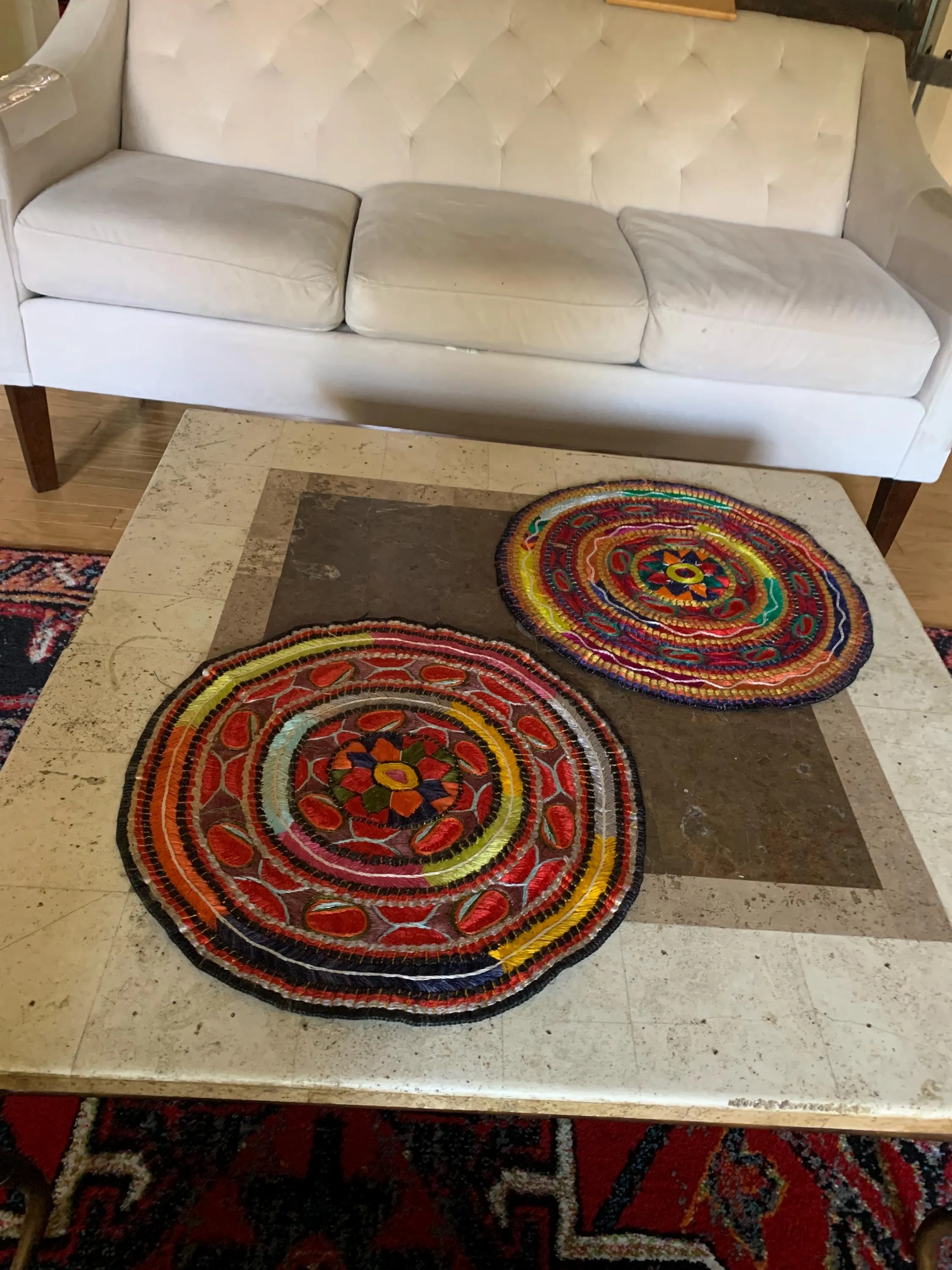 Two Round Vintage Embroidered Persian Silk Mamaghan Soozan 19 inches - image 2