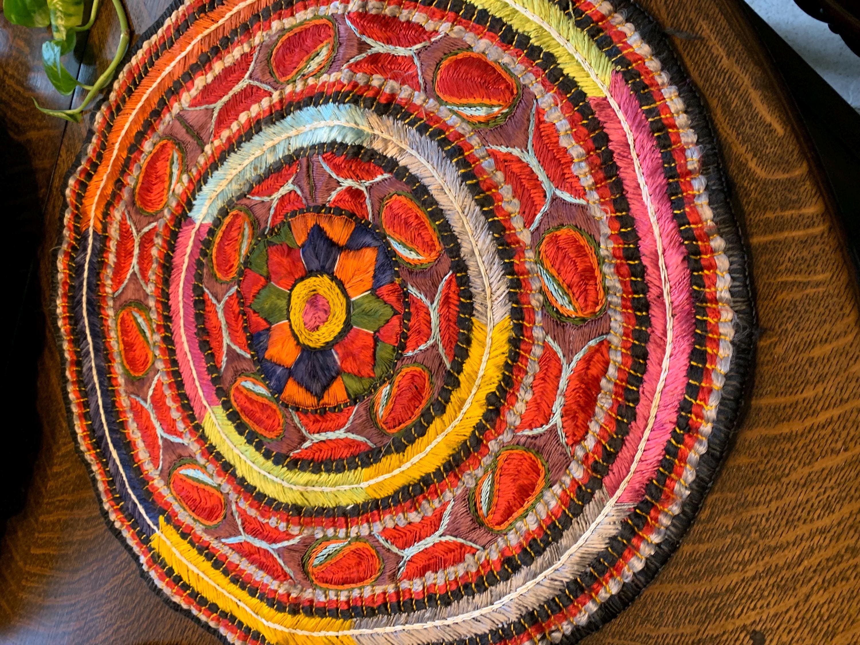 Two Round Vintage Embroidered Persian Silk Mamaghan Soozan 19 inches