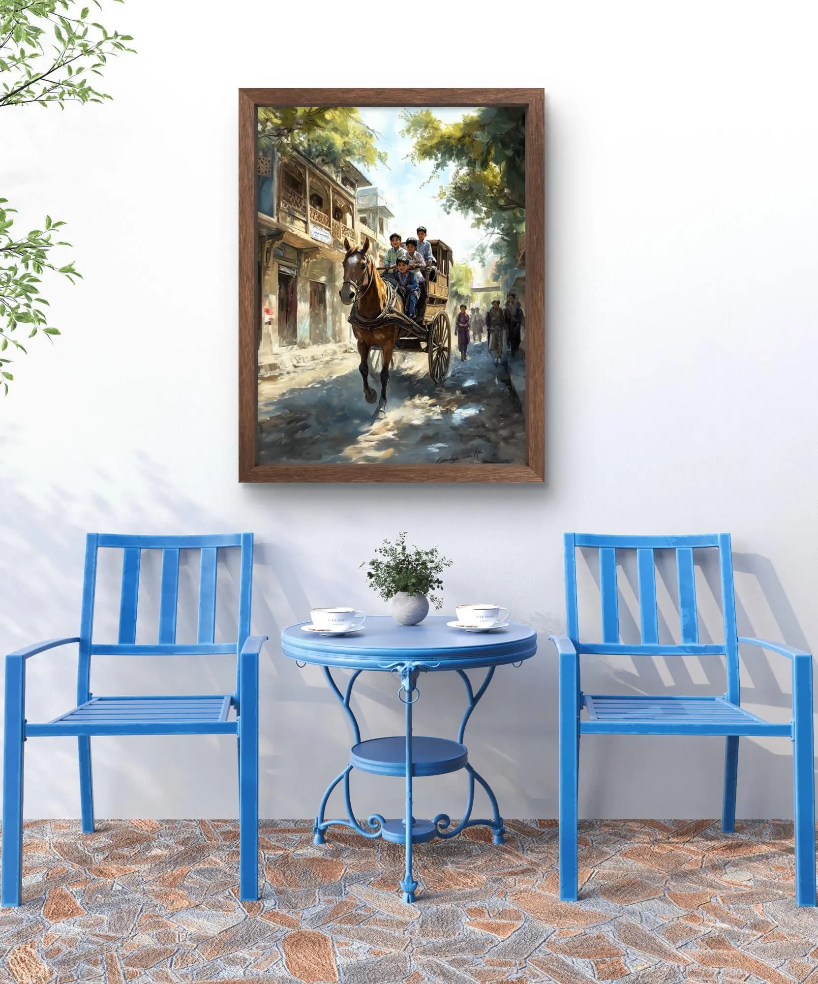 Vintage Horse Cart Ride Old Pakistan Street Wall Art Print | Joyful Children Tangah Scene on Parchment, Instant Digital Download