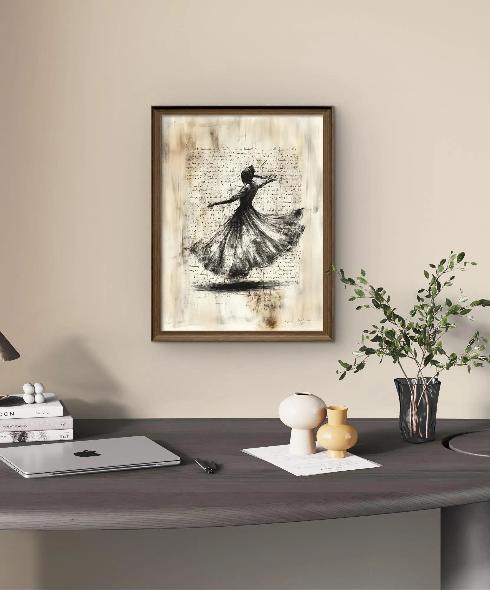 Whirling Dervish Line Art with Arabic Manuscript – Sufi Spiritual Dance Vintage Print, Islamic Mystical Decor, Digital Wall Art Download