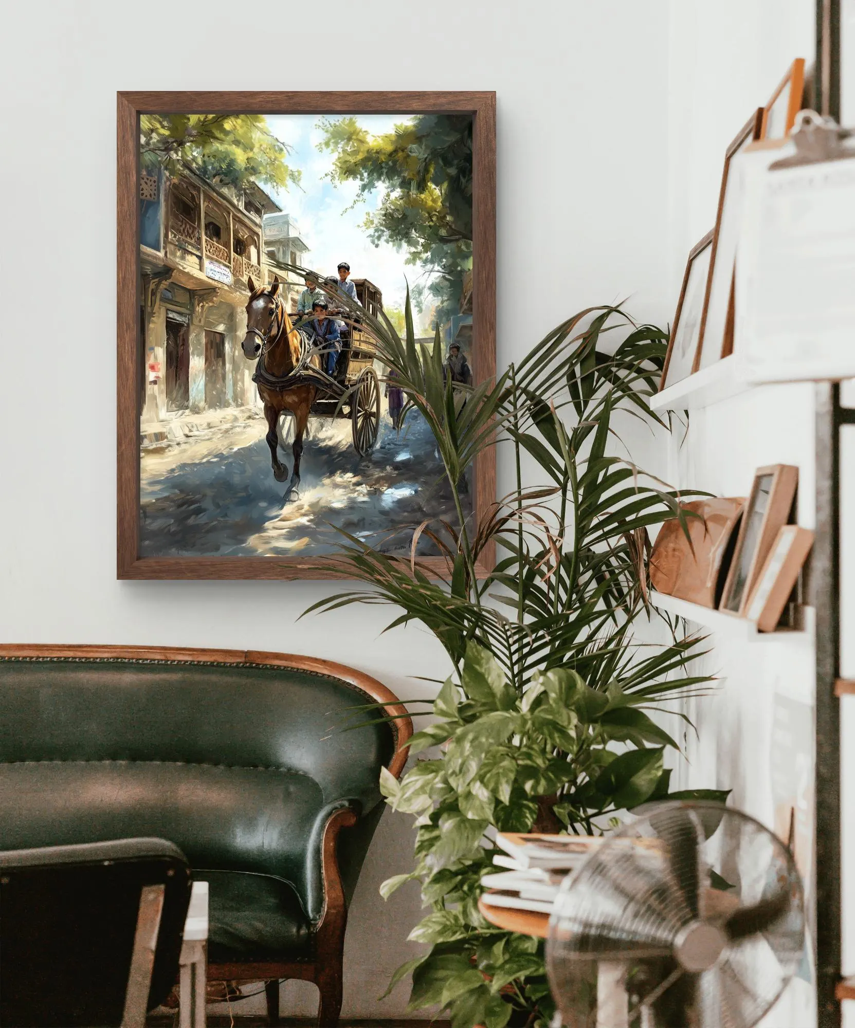 Vintage Horse Cart Ride Old Pakistan Street Wall Art Print | Joyful Children Tangah Scene on Parchment, Instant Digital Download