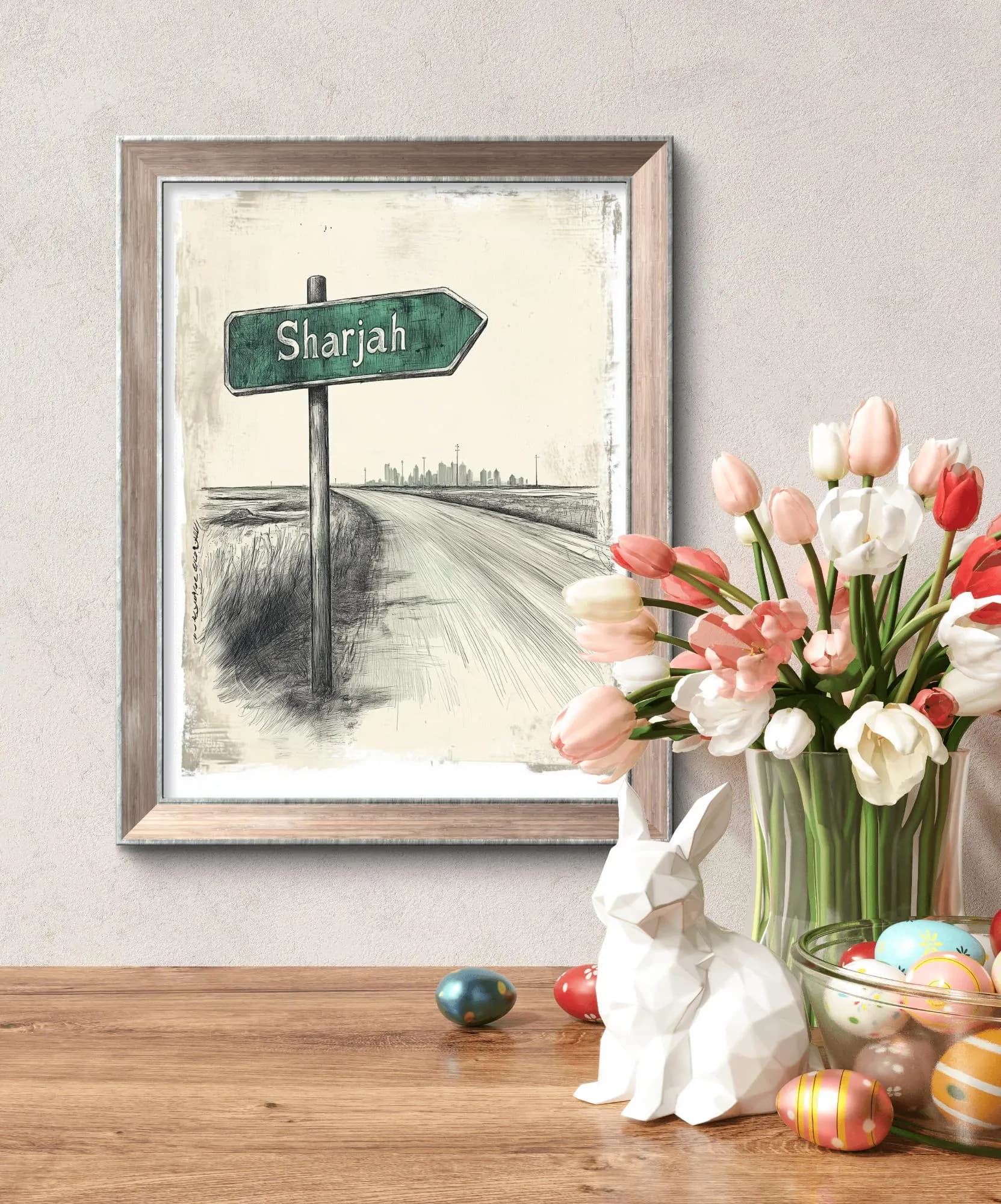 Vintage Sharjah Road Sign Wall Art Print | Retro UAE Desert Highway Ink Sketch on Parchment, Instant Digital Download - image 5