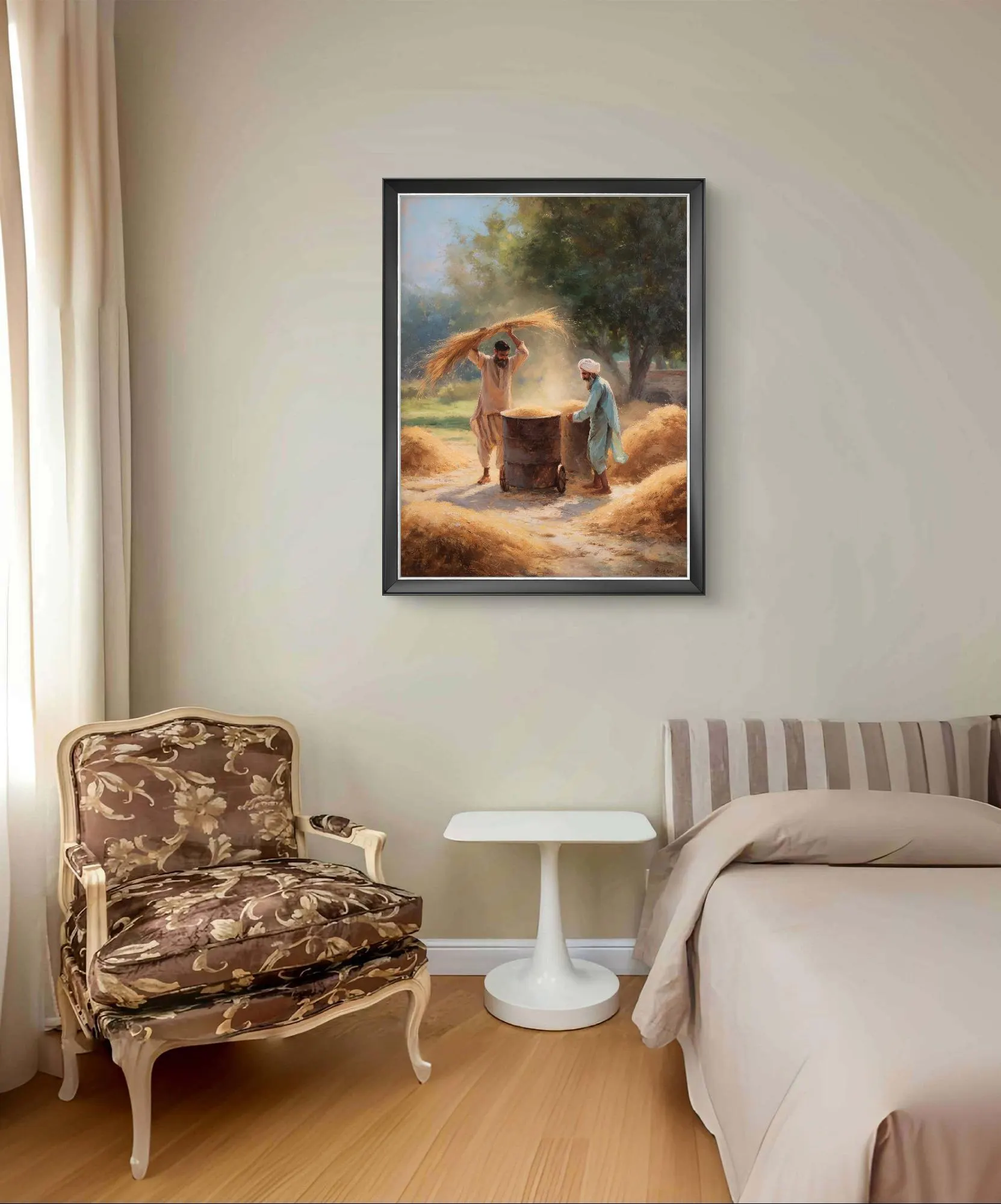 Traditional Rice Harvest Scene – Vintage-Style Oil Painting of Punjabi Farmers Working in Sunlit Fields, Rural Heritage Digital Wall Art