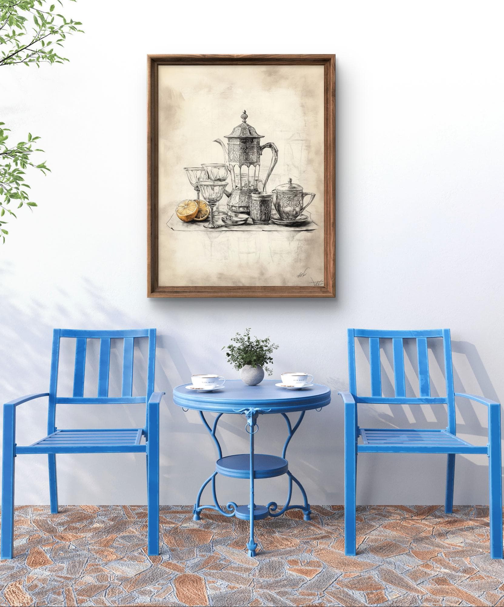 Vintage Style Arabic Tea Set Wall Art | Oriental Coffee Pot & Glasses Drawing | Middle Eastern Kitchen Decor | Antique Tea Time Illustration