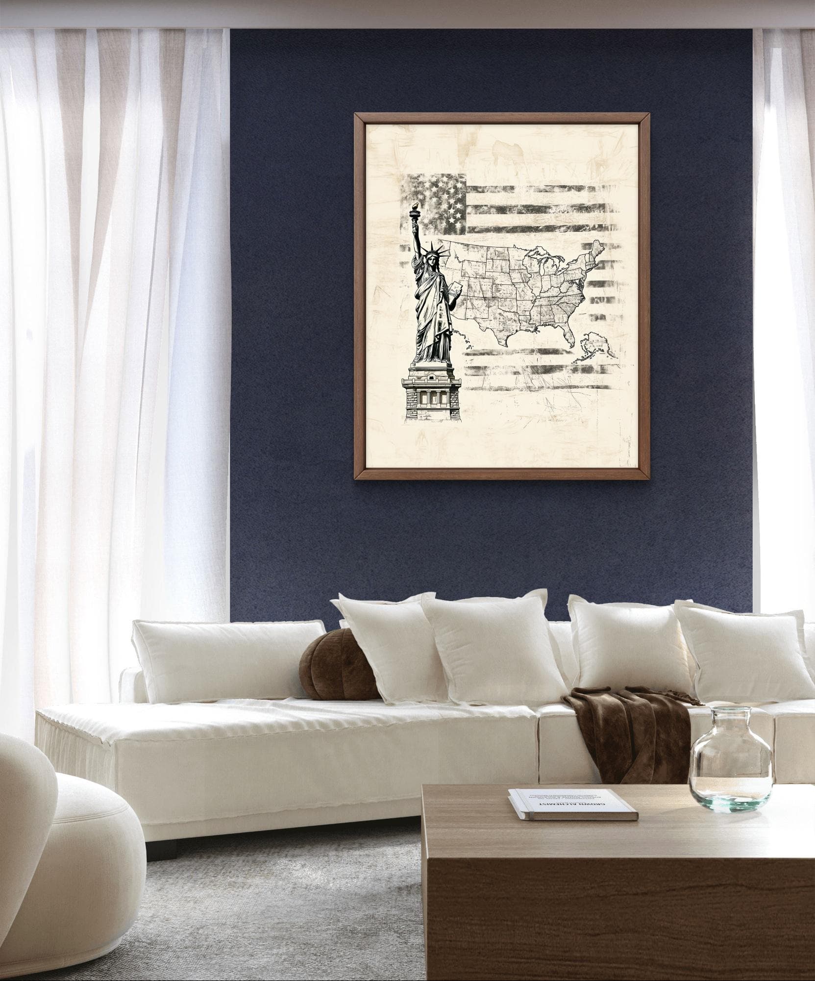 American Liberty Art, U.S. Map with Flag | Patriotic Digital Print for Office, American Map Sketch and Map, Independence Day Art, July 4 Art