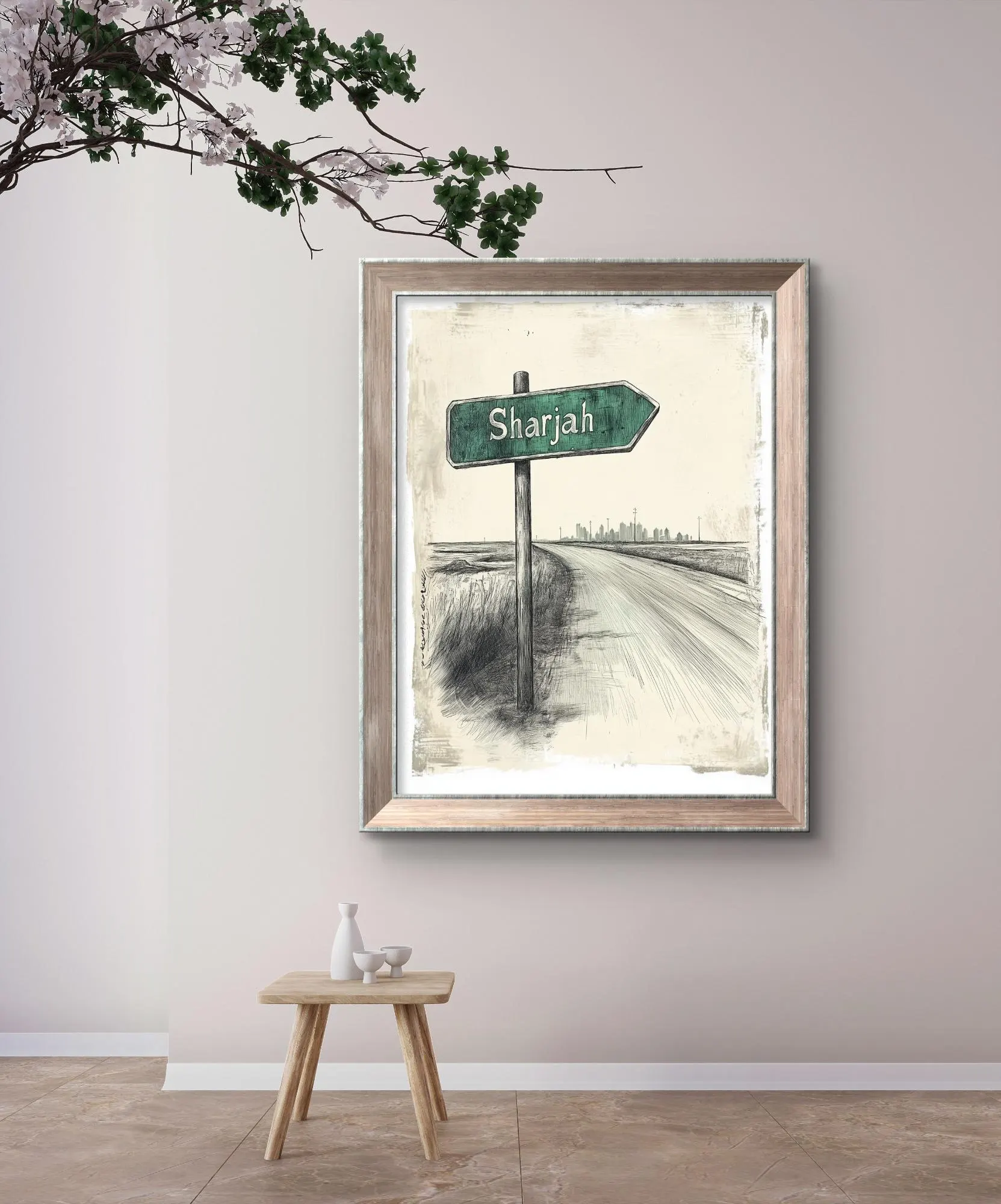 Vintage Sharjah Road Sign Wall Art Print | Retro UAE Desert Highway Ink Sketch on Parchment, Instant Digital Download