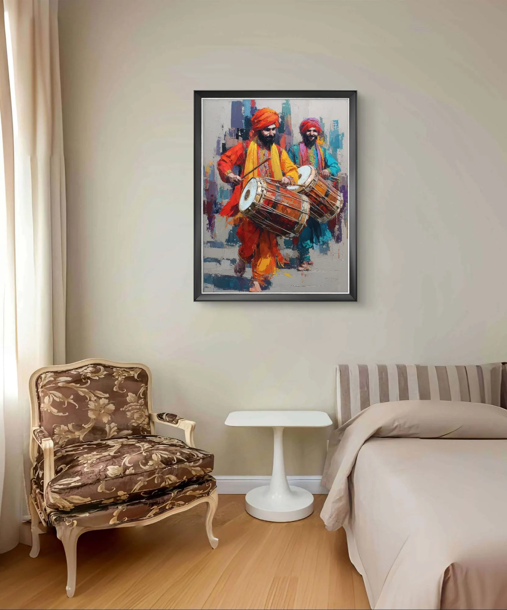 Vibrant Dhol Players Painting – Colorful Traditional Punjabi Musicians in Festival Attire, Digital Oil Style Wall Art for Cultural Decor