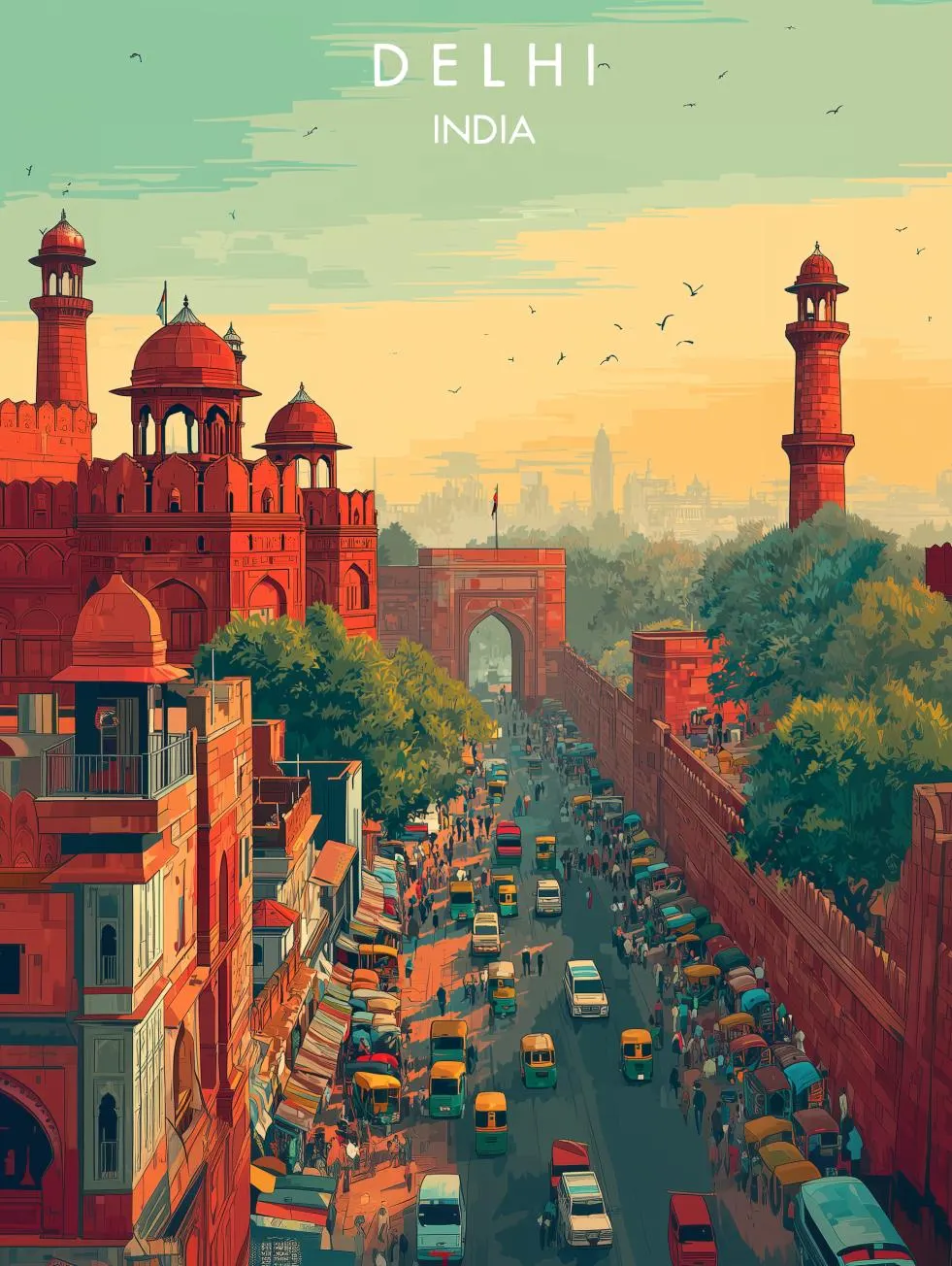Red Fort Delhi Travel Poster: Vintage India Street Scene (Digital Download - image 2