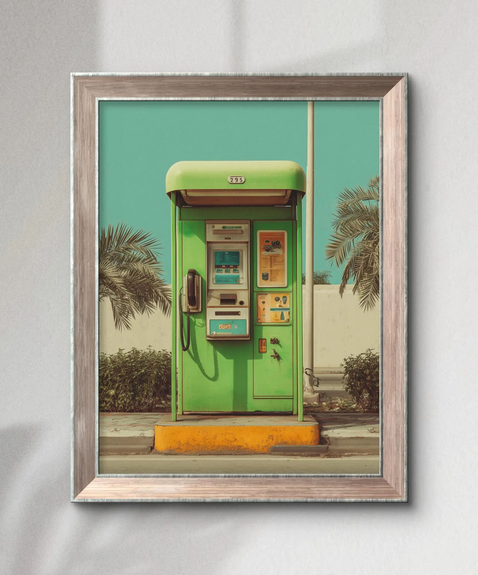 Vintage Etisalat Green Phone Booth UAE Wall Art Print | Retro 90s Dubai Street Icon on Parchment, Instant Digital Download - image 3