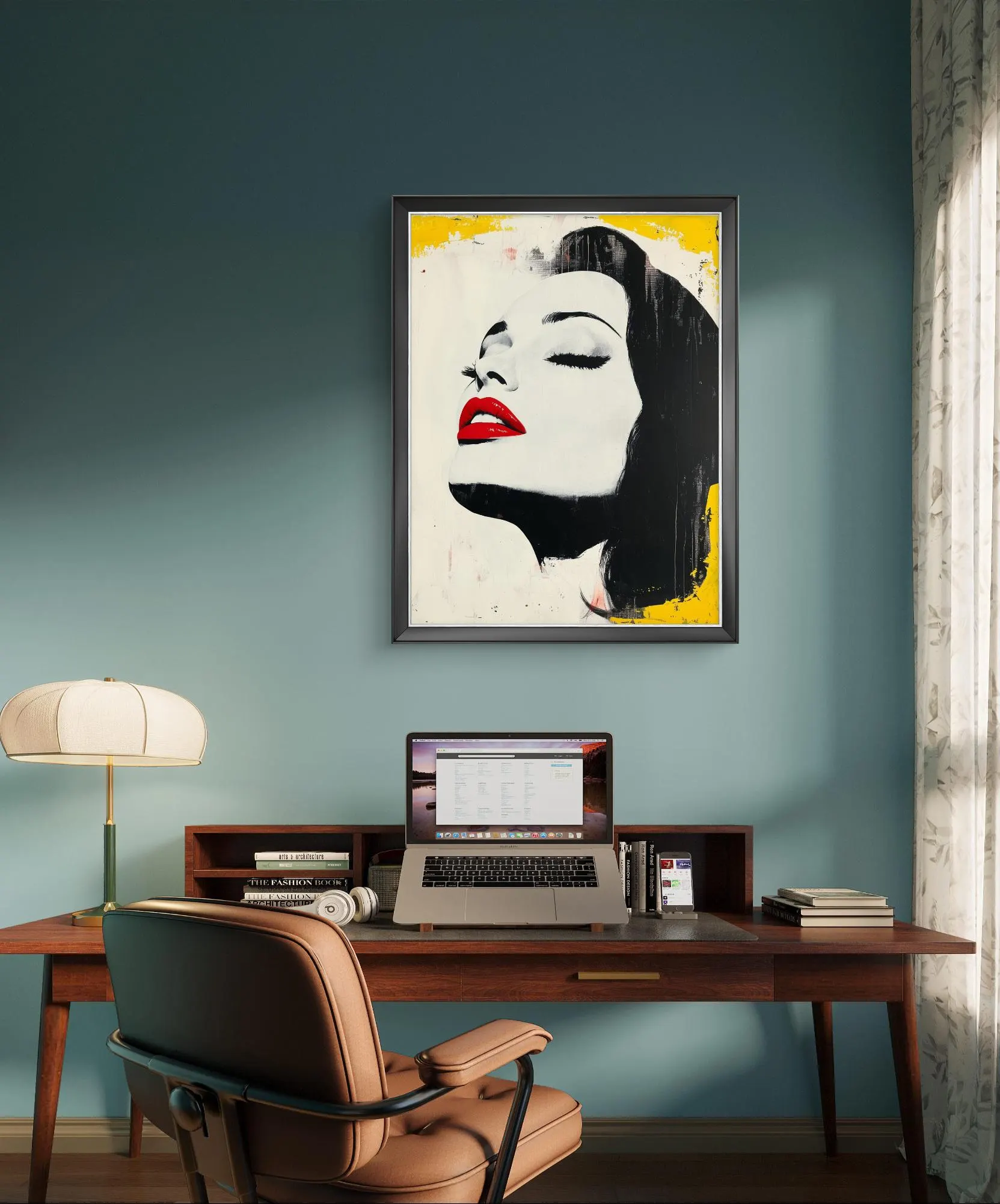 Bold Hollywood Glam Art – Black White Portrait with Red Lips & Yellow Accents, Minimalist Vintage Style Oil Painting, Digital Download