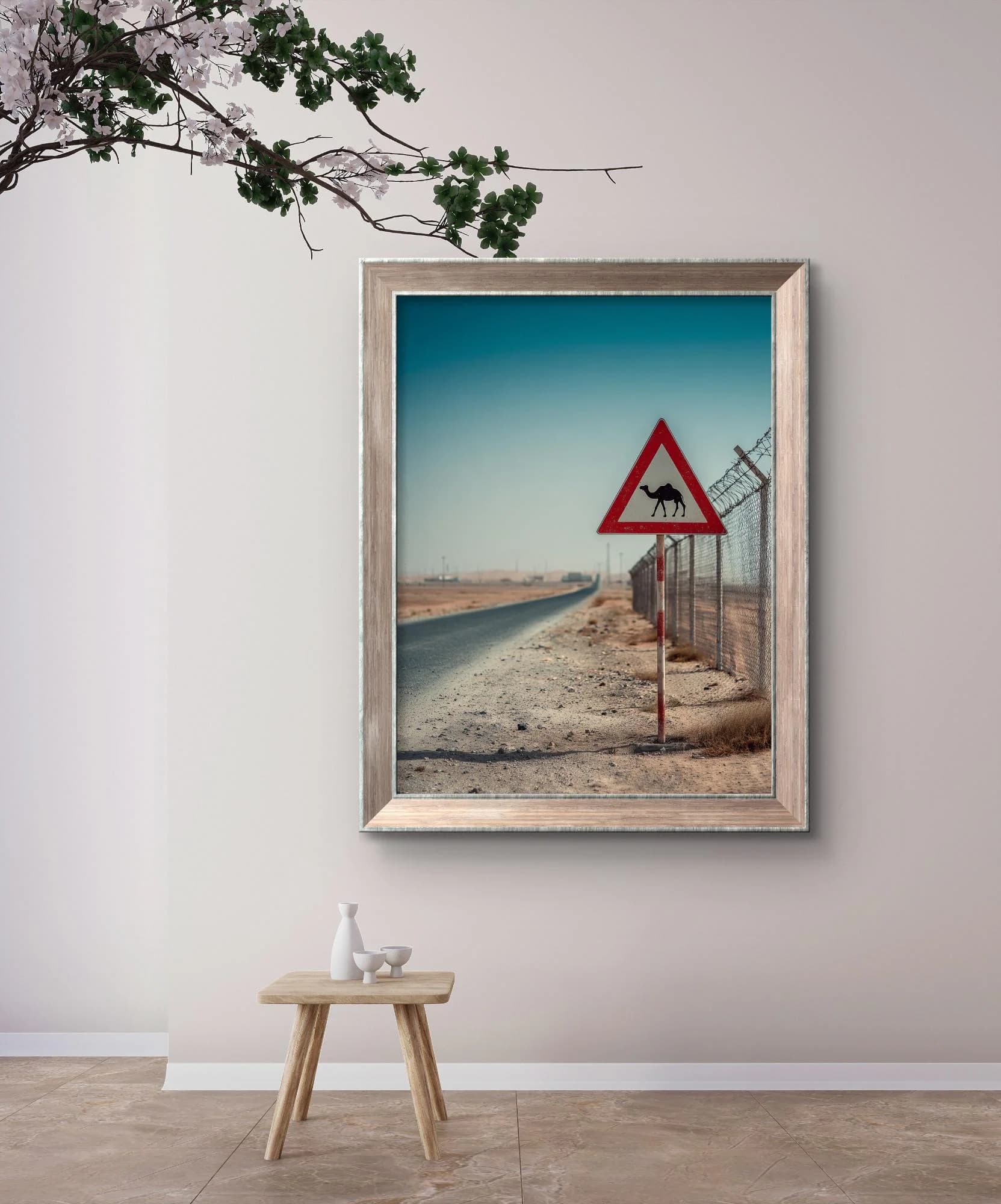 Vintage UAE Camel Crossing Sign Wall Art Print | Desert Road Warning Ink Sketch on Parchment, Instant Digital Download
