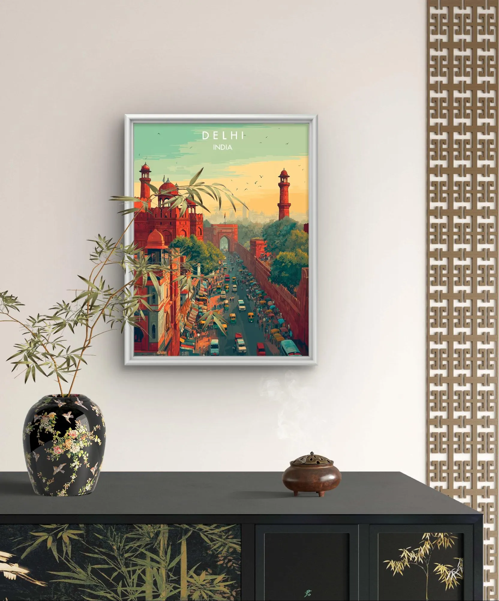 delhi poster, red fort wall art, india city print, indian culture art, old delhi decor, indian architecture, travel city art, vector india print, delhi illustration, vibrant wall decor, indian street scene, delhi market poster, historical city print
