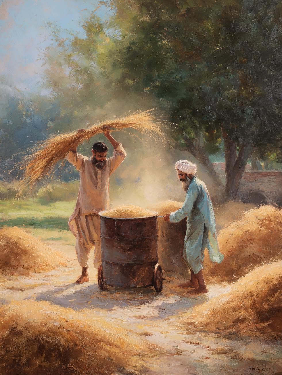Traditional Rice Harvest Scene – Vintage-Style Oil Painting of Punjabi Farmers Working in Sunlit Fields, Rural Heritage Digital Wall Art