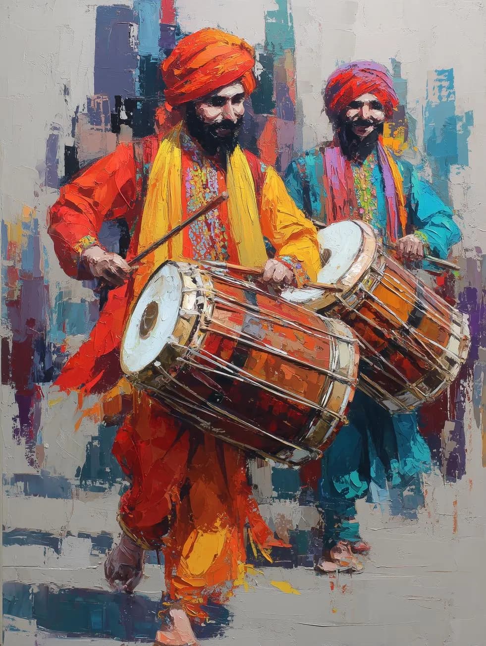 Vibrant Dhol Players Painting – Colorful Traditional Punjabi Musicians in Festival Attire, Digital Oil Style Wall Art for Cultural Decor