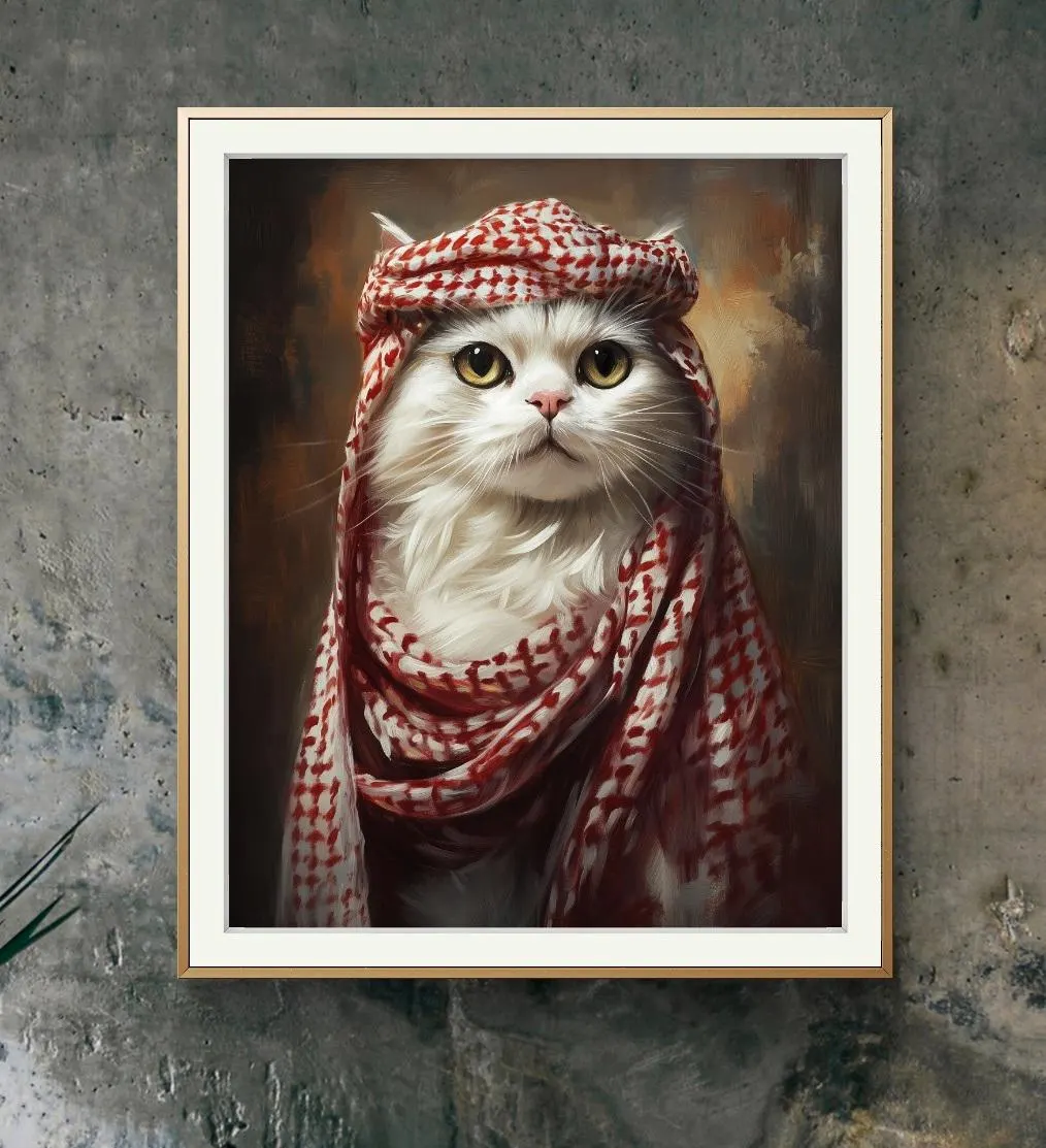 Shemagh Cat Art Print: Arabian Keffiyeh, Funny Animal Portrait (Digital Download)