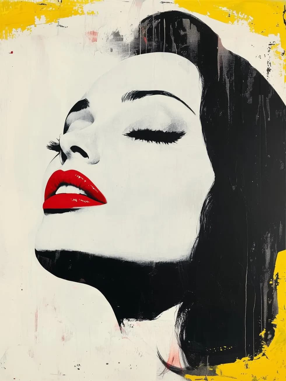 Bold Hollywood Glam Art – Black White Portrait with Red Lips & Yellow Accents, Minimalist Vintage Style Oil Painting, Digital Download