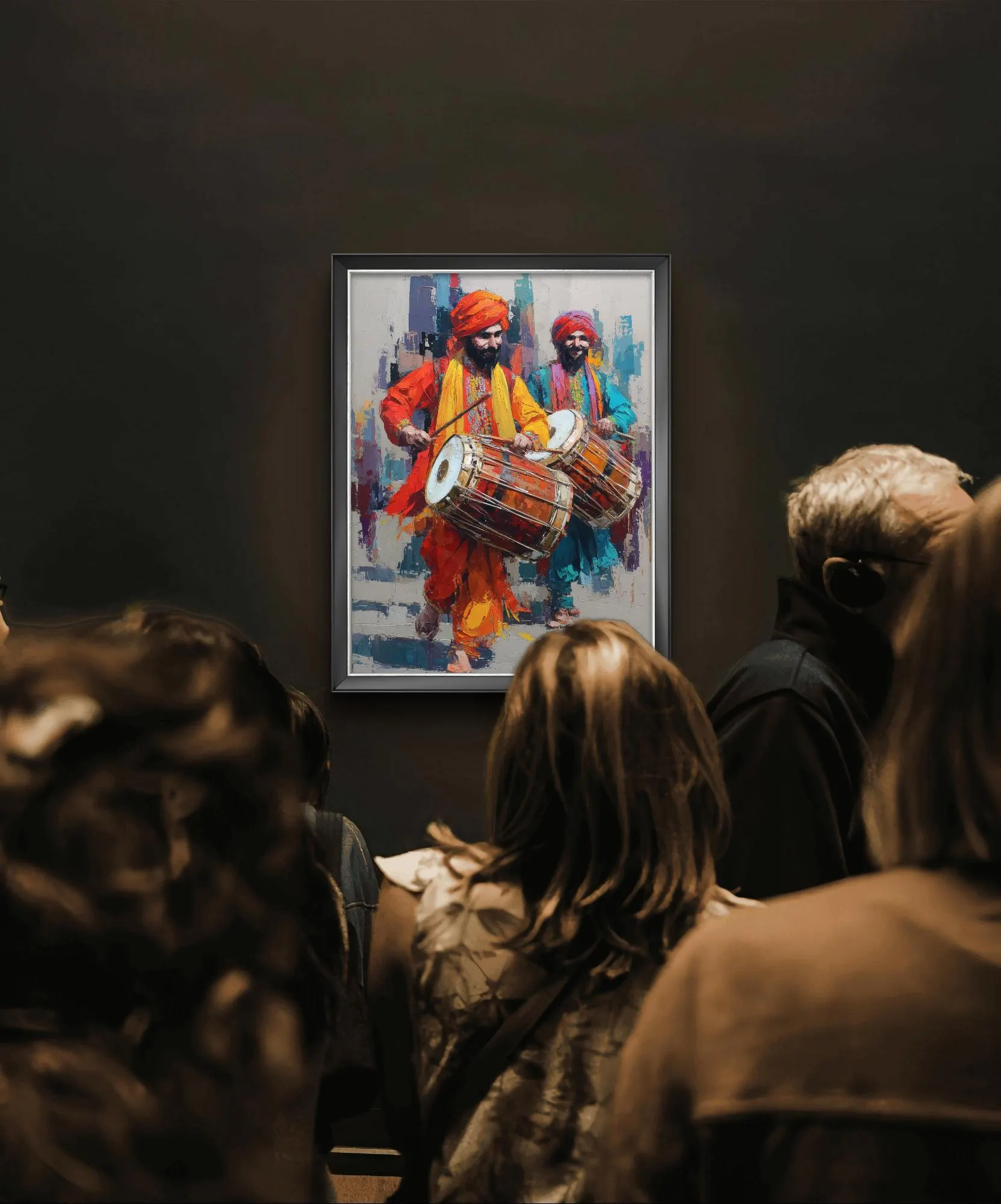 Vibrant Dhol Players Painting – Colorful Traditional Punjabi Musicians in Festival Attire, Digital Oil Style Wall Art for Cultural Decor
