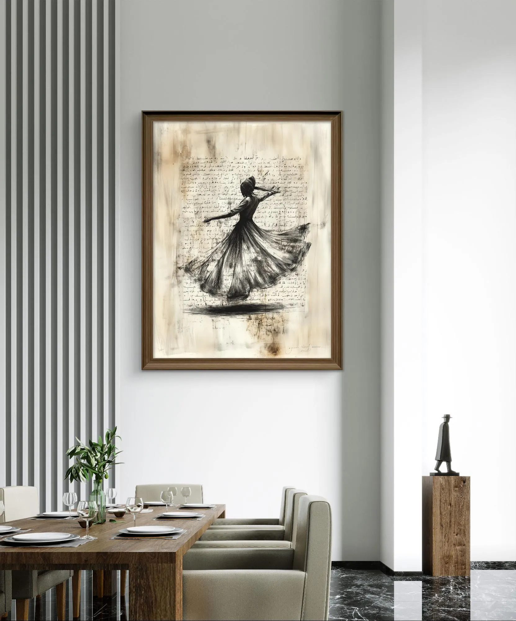 Whirling Dervish Line Art with Arabic Manuscript – Sufi Spiritual Dance Vintage Print, Islamic Mystical Decor, Digital Wall Art Download