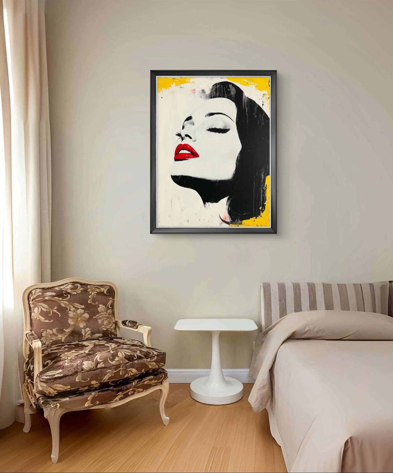 Bold Hollywood Glam Art – Black White Portrait with Red Lips & Yellow Accents, Minimalist Vintage Style Oil Painting, Digital Download