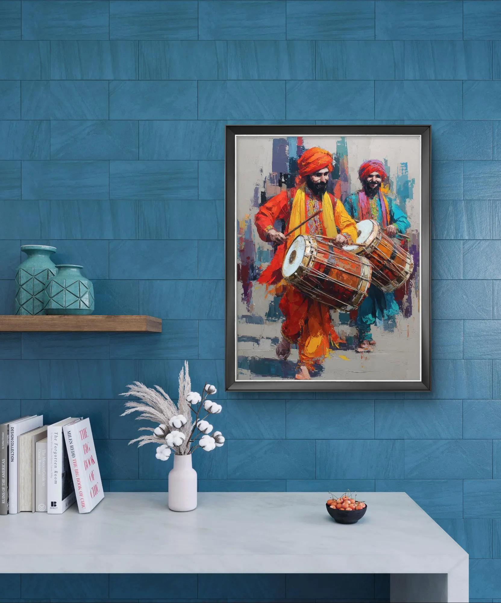 Vibrant Dhol Players Painting – Colorful Traditional Punjabi Musicians in Festival Attire, Digital Oil Style Wall Art for Cultural Decor