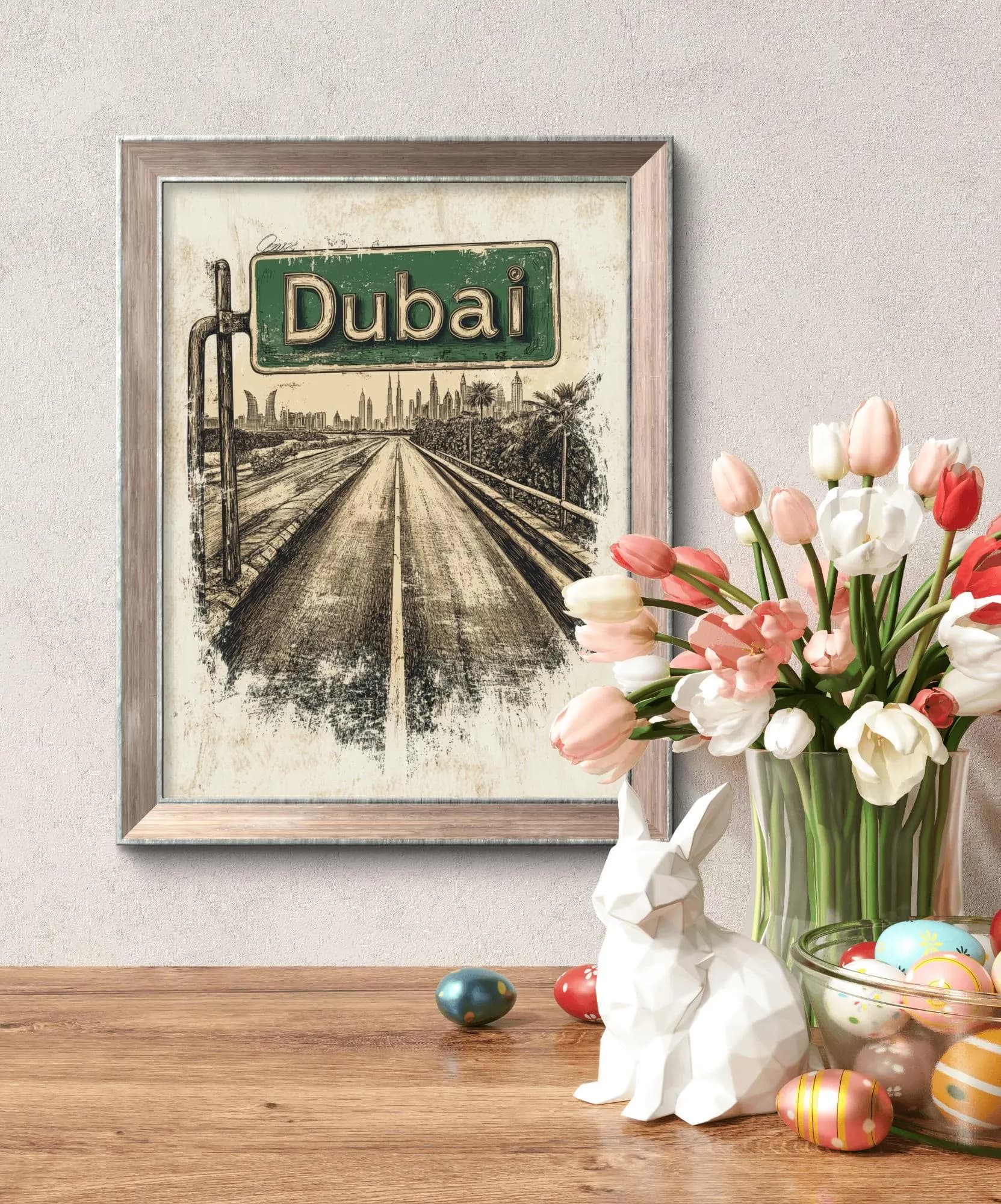 Vintage Dubai Highway Sign Wall Art Print | Retro UAE Skyline Ink Sketch on Parchment, Instant Digital Download