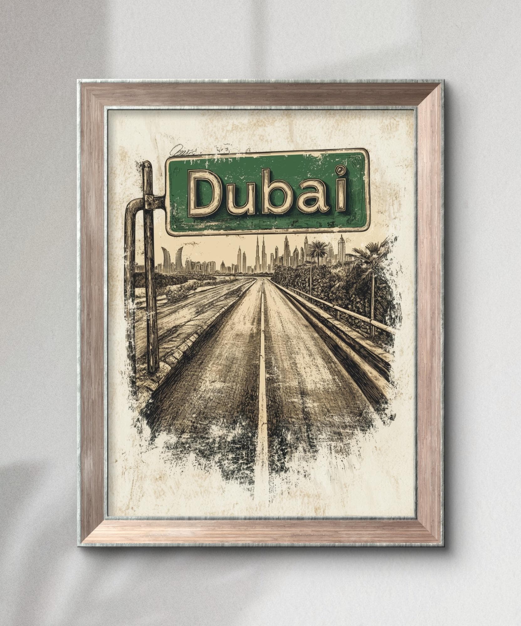Vintage Dubai Highway Sign Wall Art Print | Retro UAE Skyline Ink Sketch on Parchment, Instant Digital Download