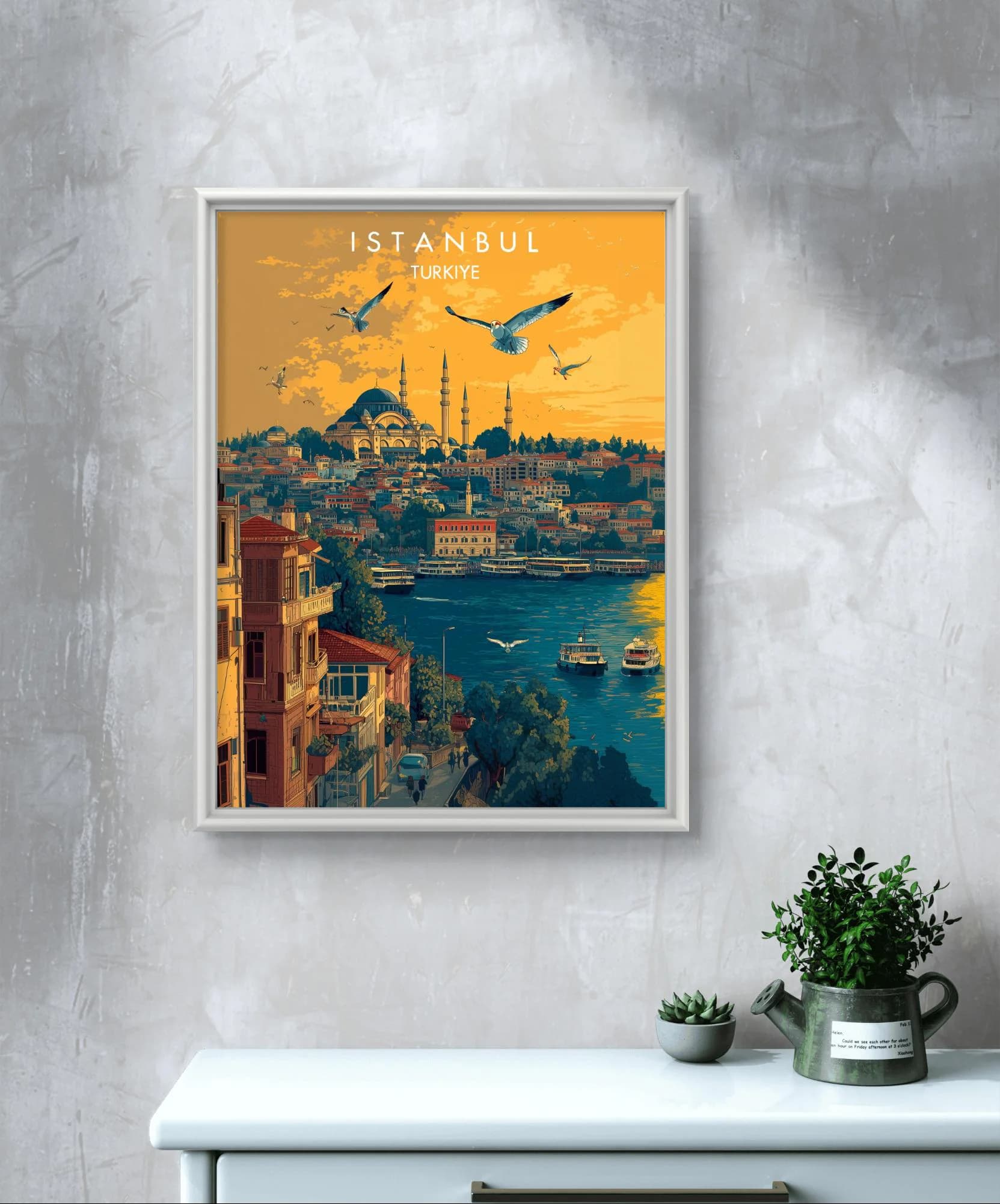 Istanbul Türkiye Travel Poster, Vector City Art Print, Turkish Cityscape Wall Decor, Iconic Hagia Sophia Sunset, Digital Download