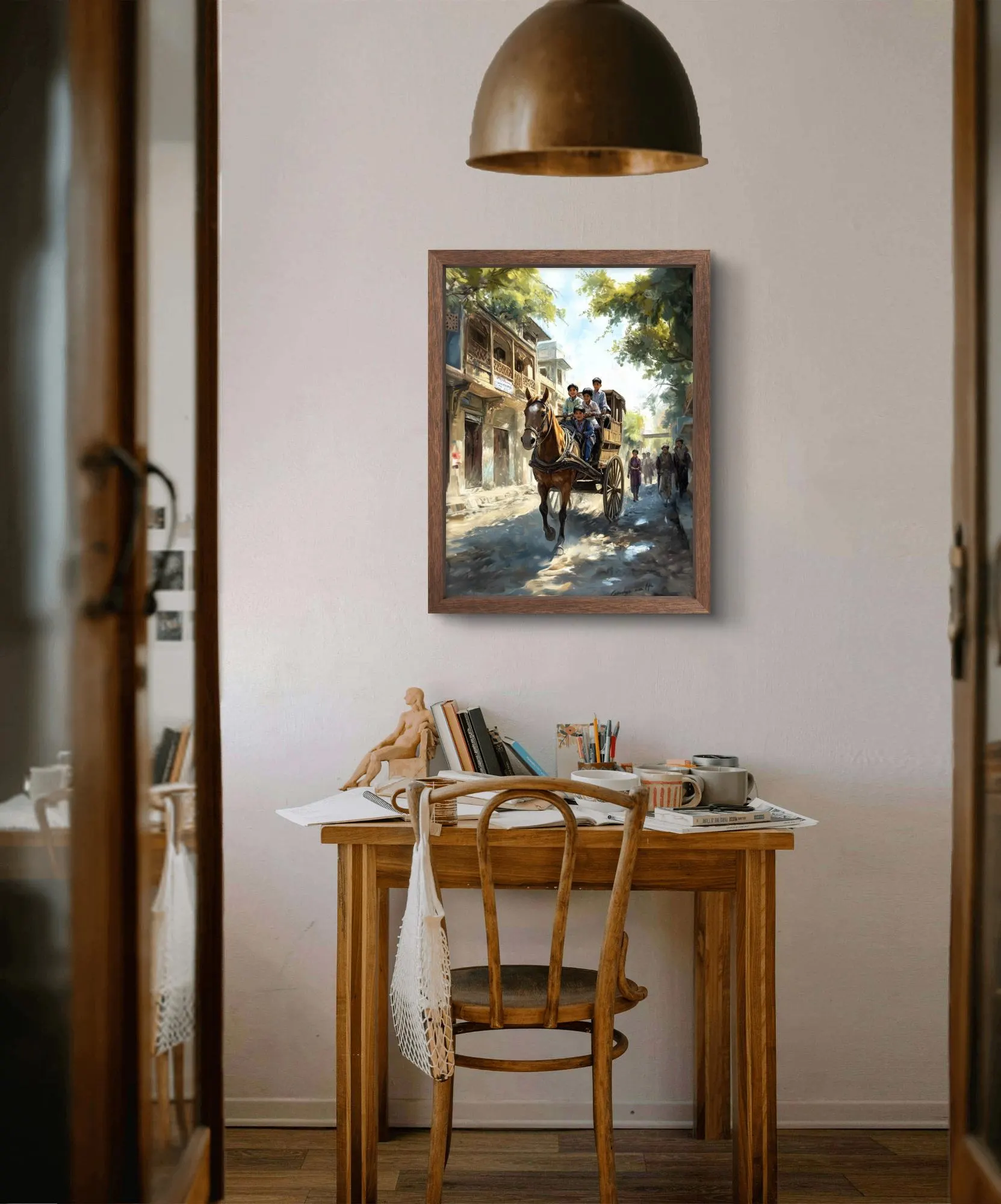 Vintage Horse Cart Ride Old Pakistan Street Wall Art Print | Joyful Children Tangah Scene on Parchment, Instant Digital Download