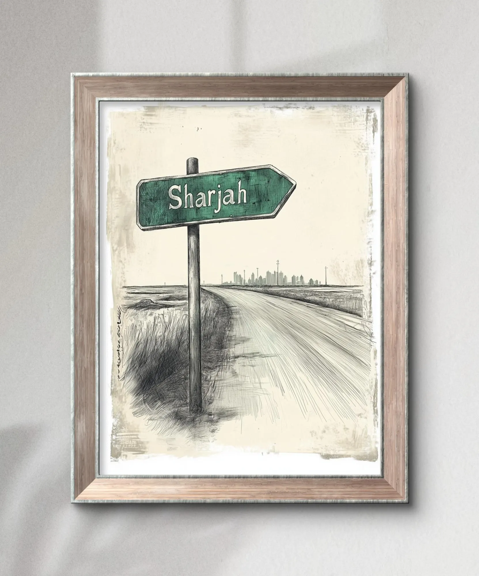 Vintage Sharjah Road Sign Wall Art Print | Retro UAE Desert Highway Ink Sketch on Parchment, Instant Digital Download - image 3