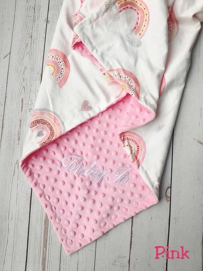 Personalized Baby Girl Blanket, Pink Rainbow Minky, Custom Monogram - image 4
