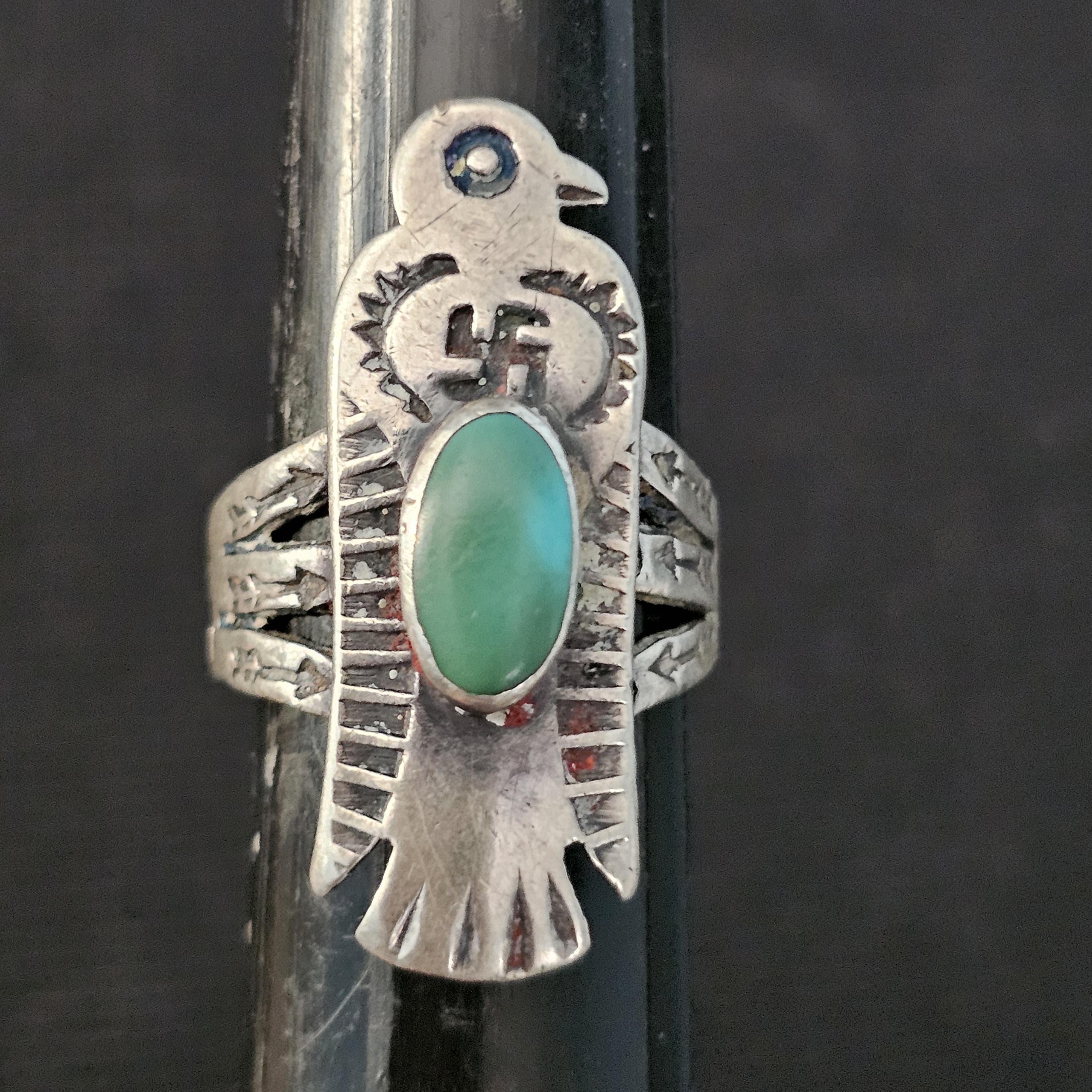 1930s Thunderbird Whirling Log Turquoise Vintage Native Ring size 5 JR 815
