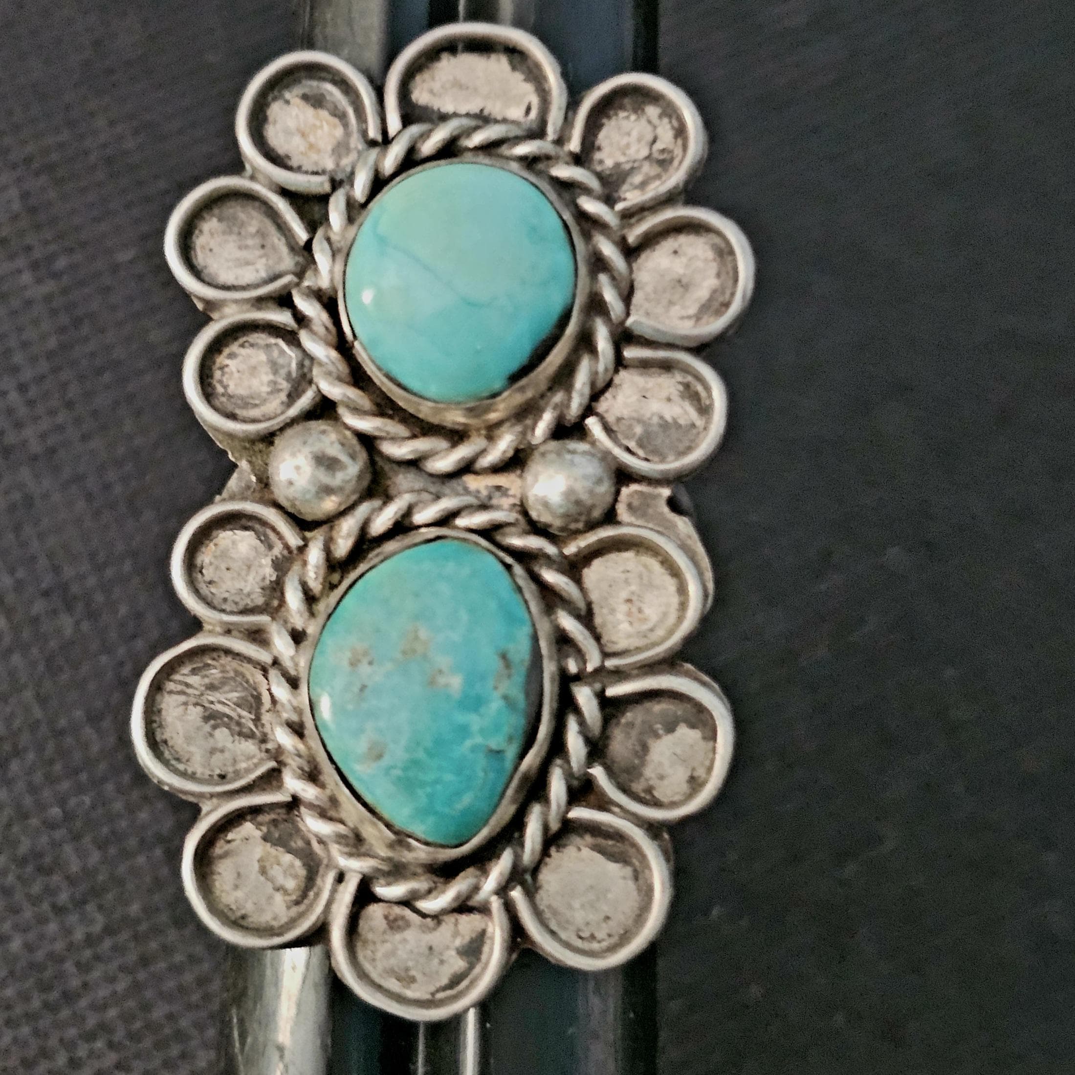 Flowerlike 2 Blue Turquoise Long Vintage Statement Ring Sterling Native Size 7 1/2 Old Pawn JR 347