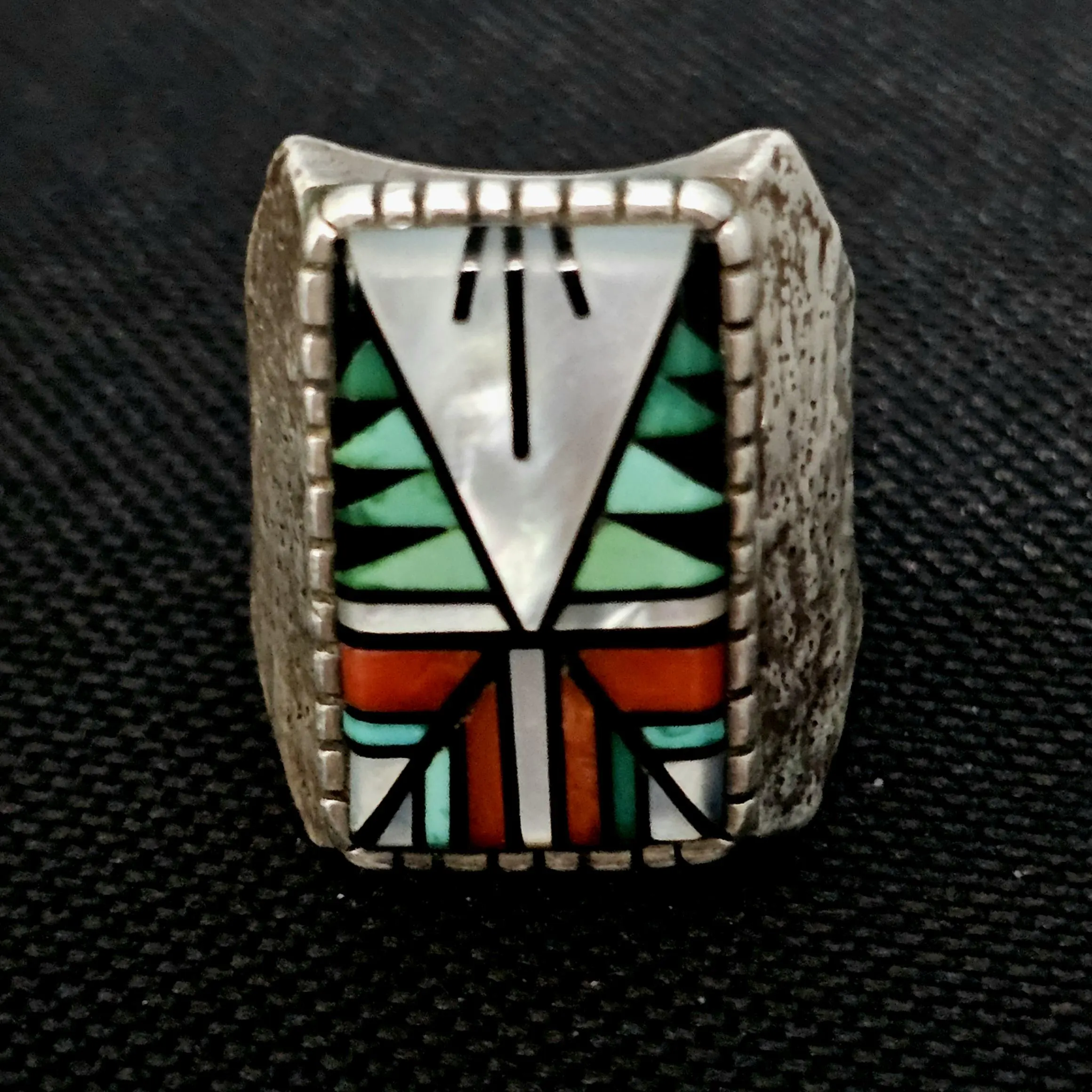 1950s Zuni Multi Stone Inlay Sterling Silver Ring Size 9 JR 750