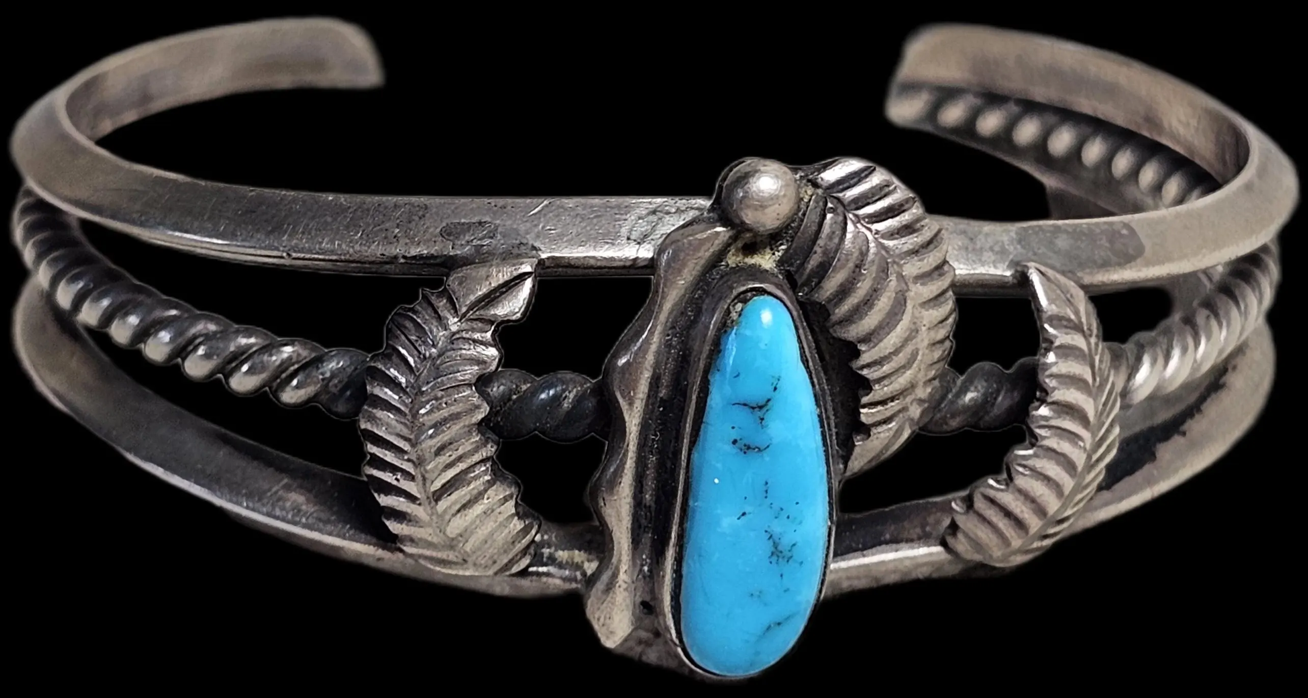Fancy Silverwork Turquoise Vintage Native Sterling Old Pawn fits 6 1/4" wrist. JB 314 - image 2