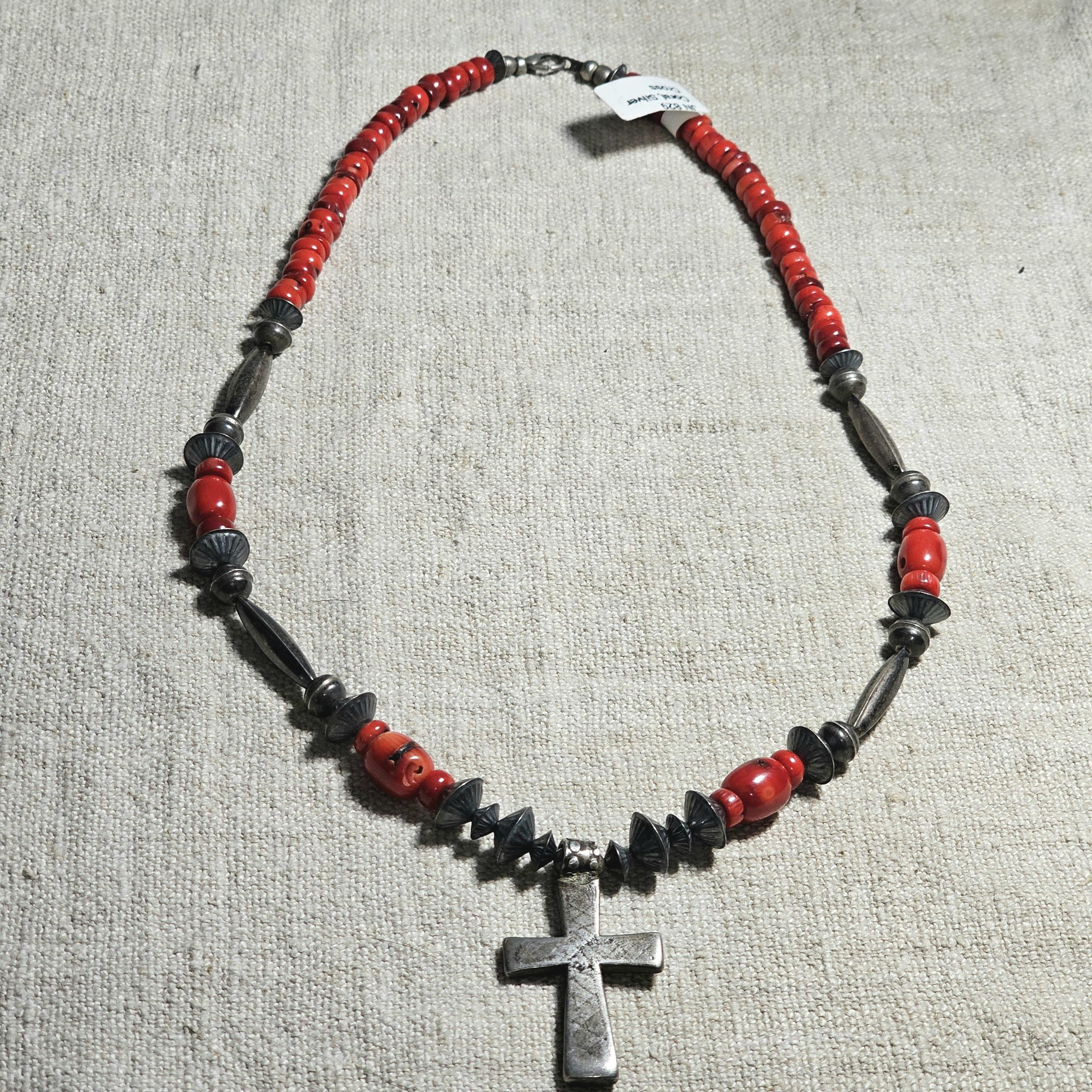 1740s Fur Trade Cross Coral Navajo Pearls Necklace 23" Old Pawn JN 829 - image 4