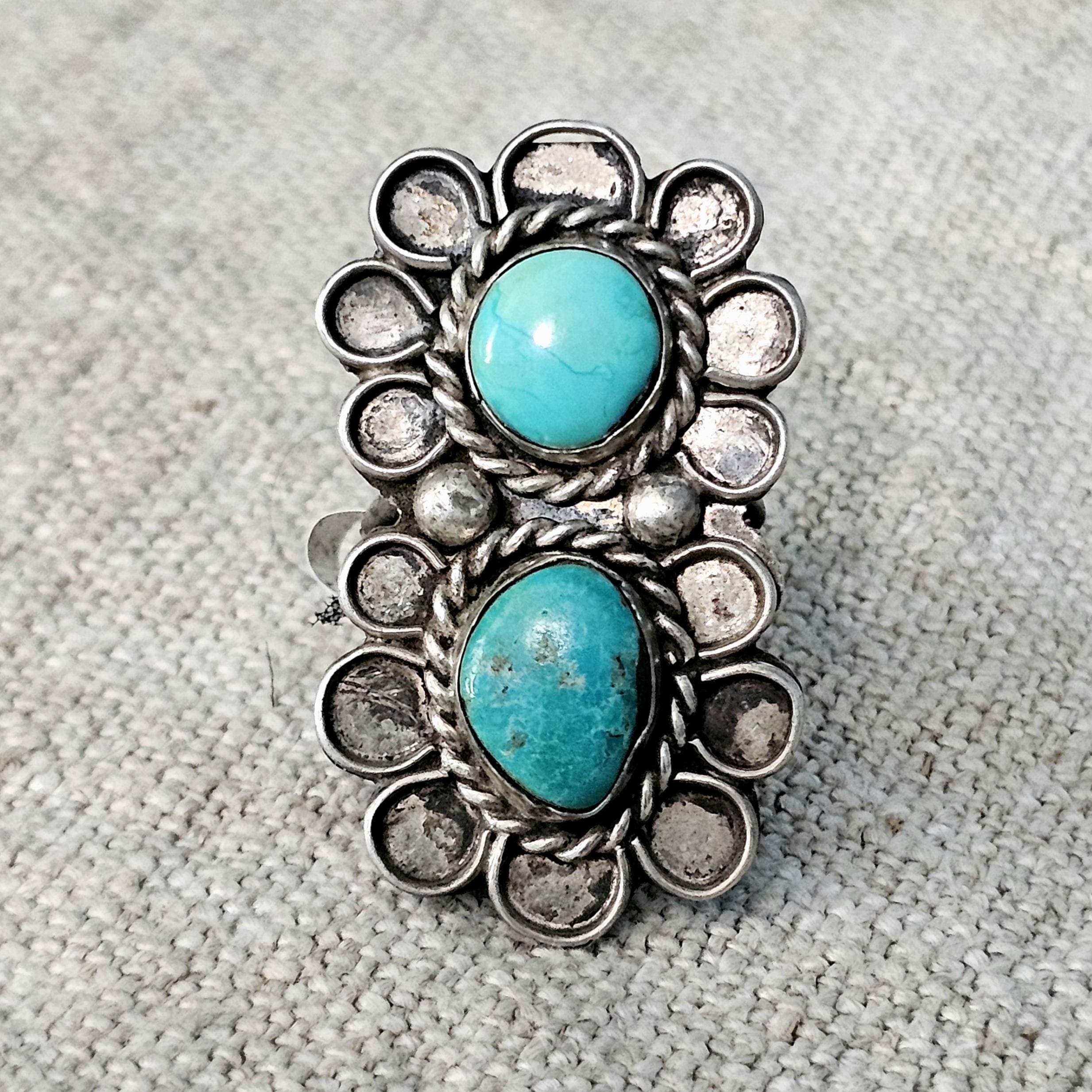Flowerlike 2 Blue Turquoise Long Vintage Statement Ring Sterling Native Size 7 1/2 Old Pawn JR 347 - image 2
