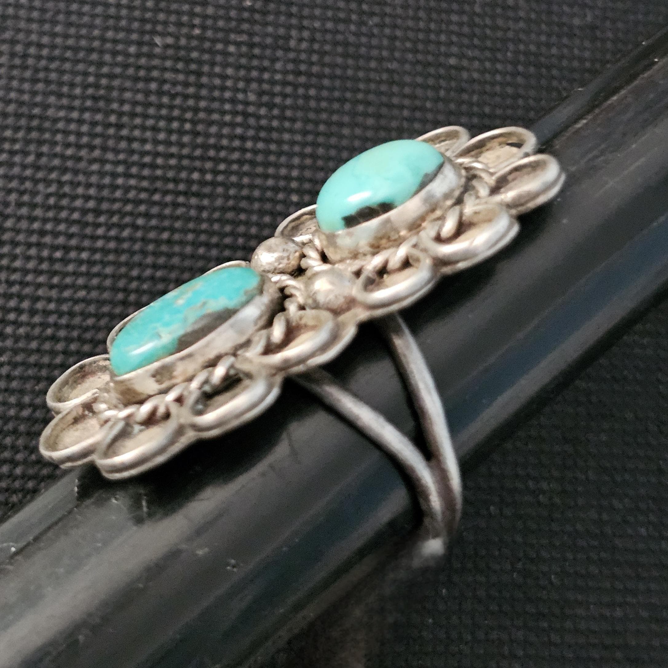 Flowerlike 2 Blue Turquoise Long Vintage Statement Ring Sterling Native Size 7 1/2 Old Pawn JR 347 - image 3