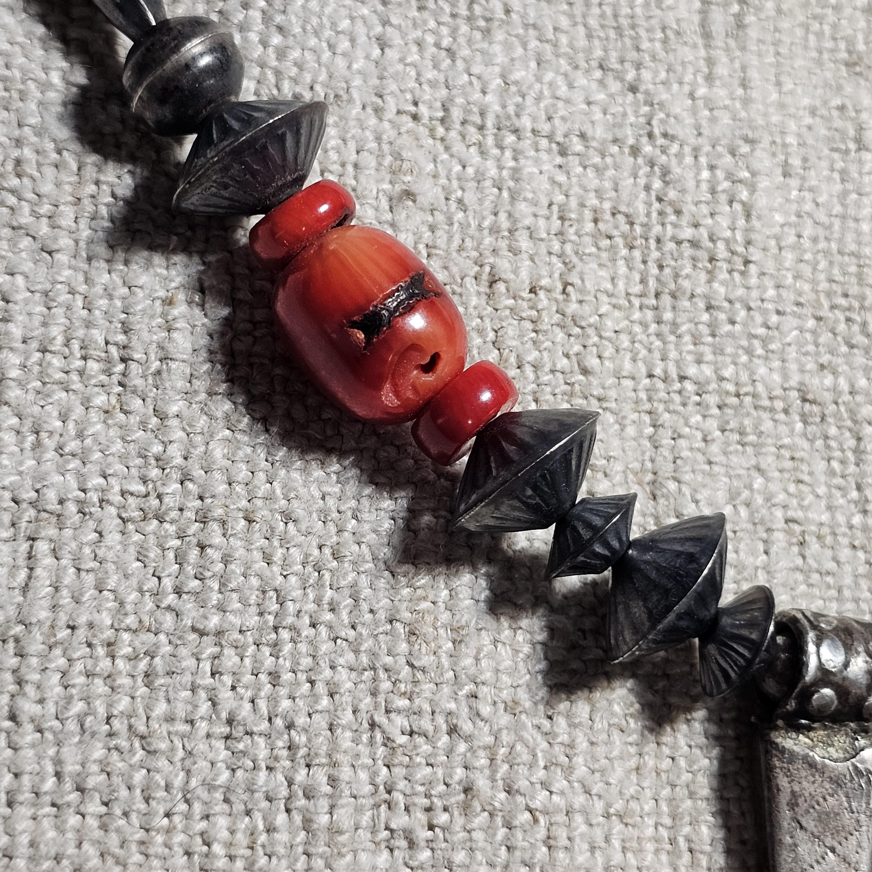 1740s Fur Trade Cross Coral Navajo Pearls Necklace 23" Old Pawn JN 829