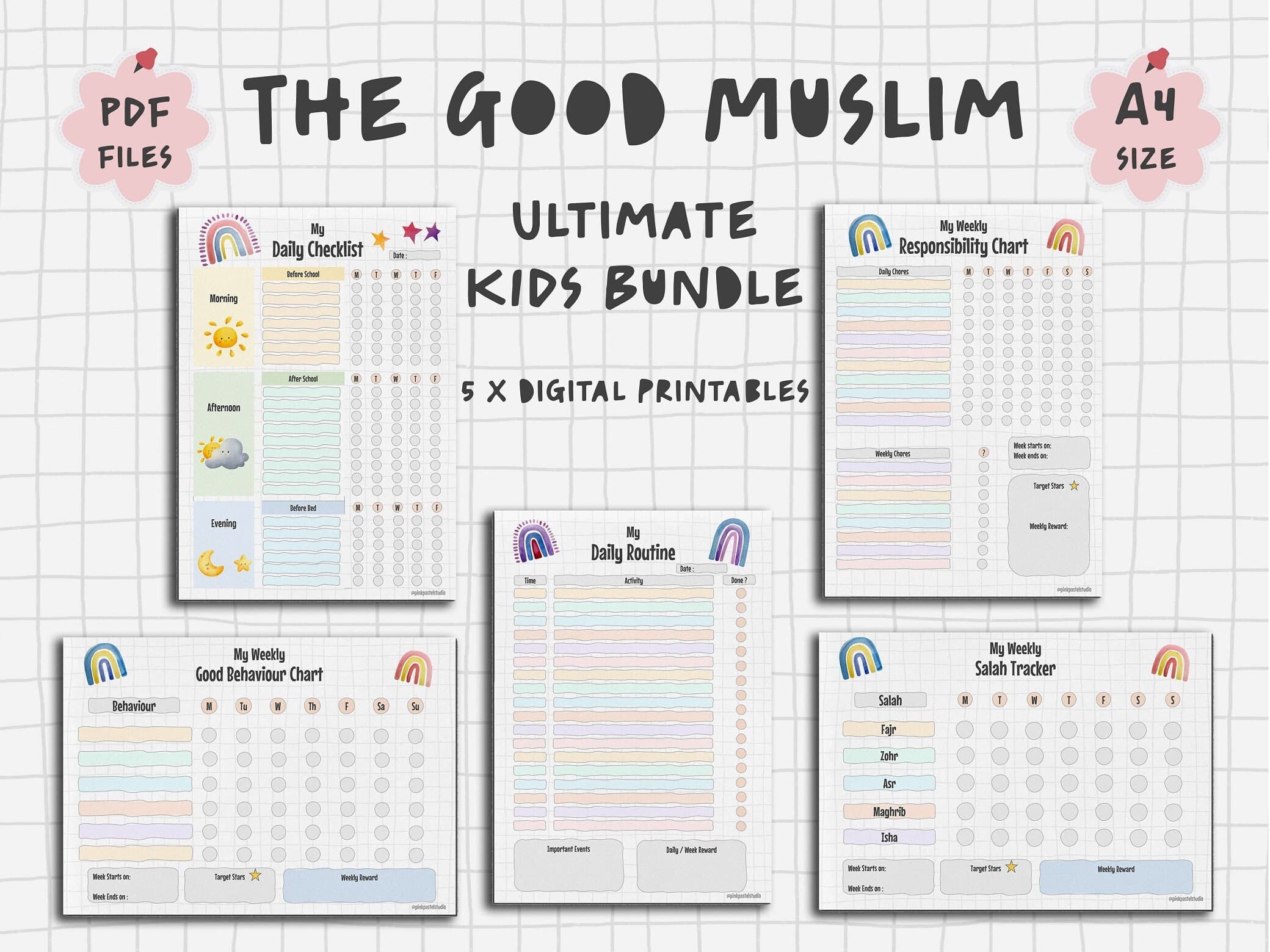 The Good Muslim Ultimate Kids Bundle | 5 in 1 Printables for Muslim Children | PDF Checklist Personalized Planner