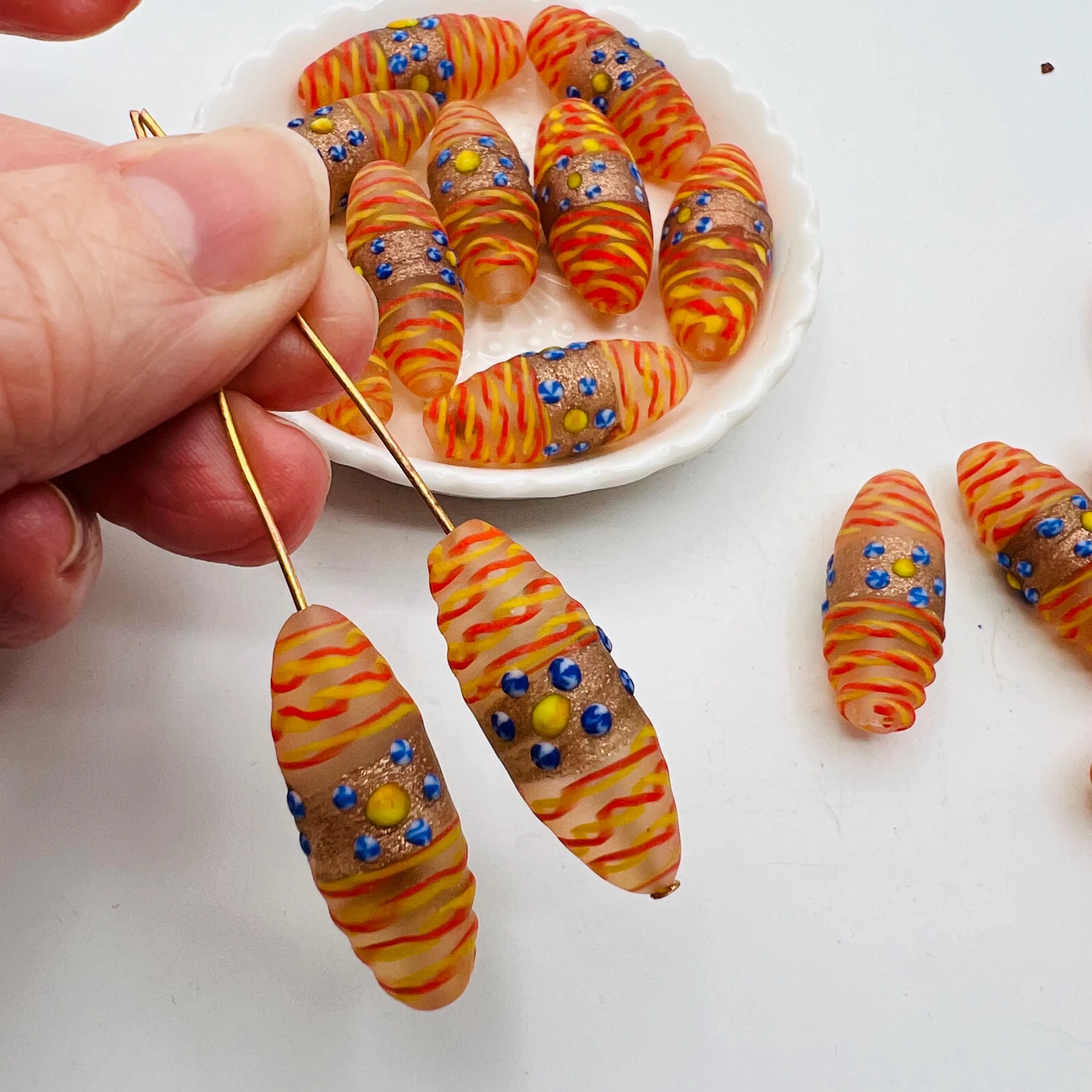 2 Venetian wedding cake beads, vintage Murano glass beads, fancy handmade beads with aventurine and filigrana, beads for earrings and jewels