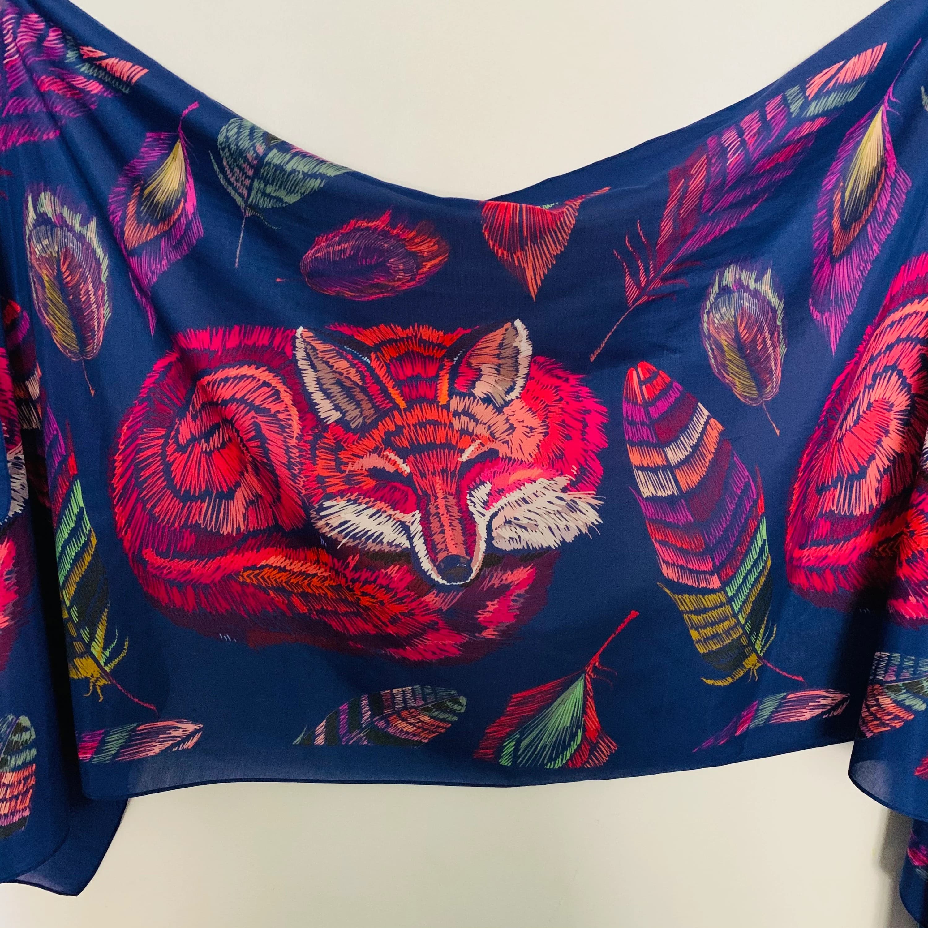 Sleeping Fox Scarf: Blue Cotton Silk Shawl, Lightweight Holiday Accessory
