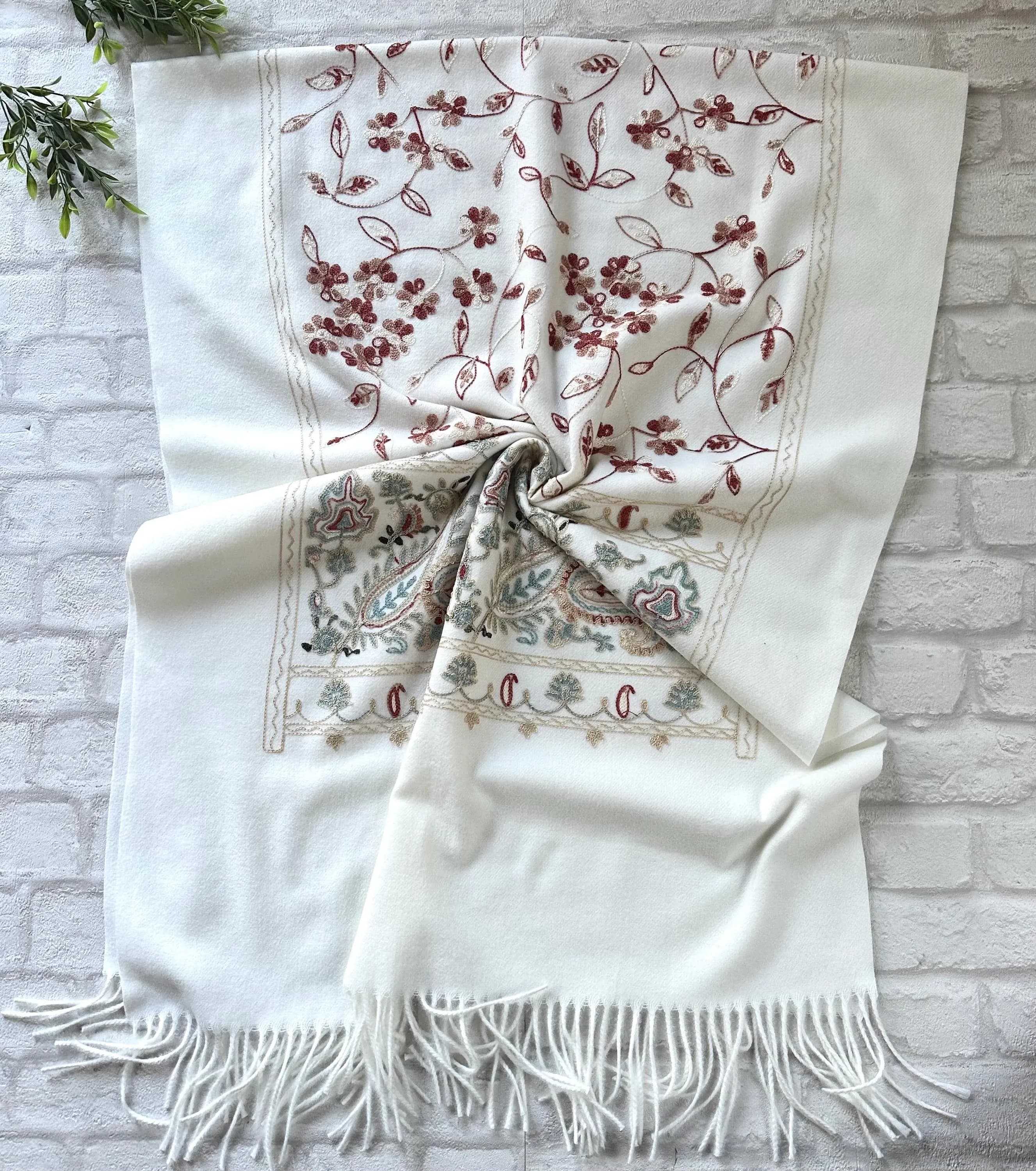 Ivory Embroidered Scarf Kashmiri Paisley Shawl Pashmina Winter Wrap Birthday Gift For Her Bride - image 3