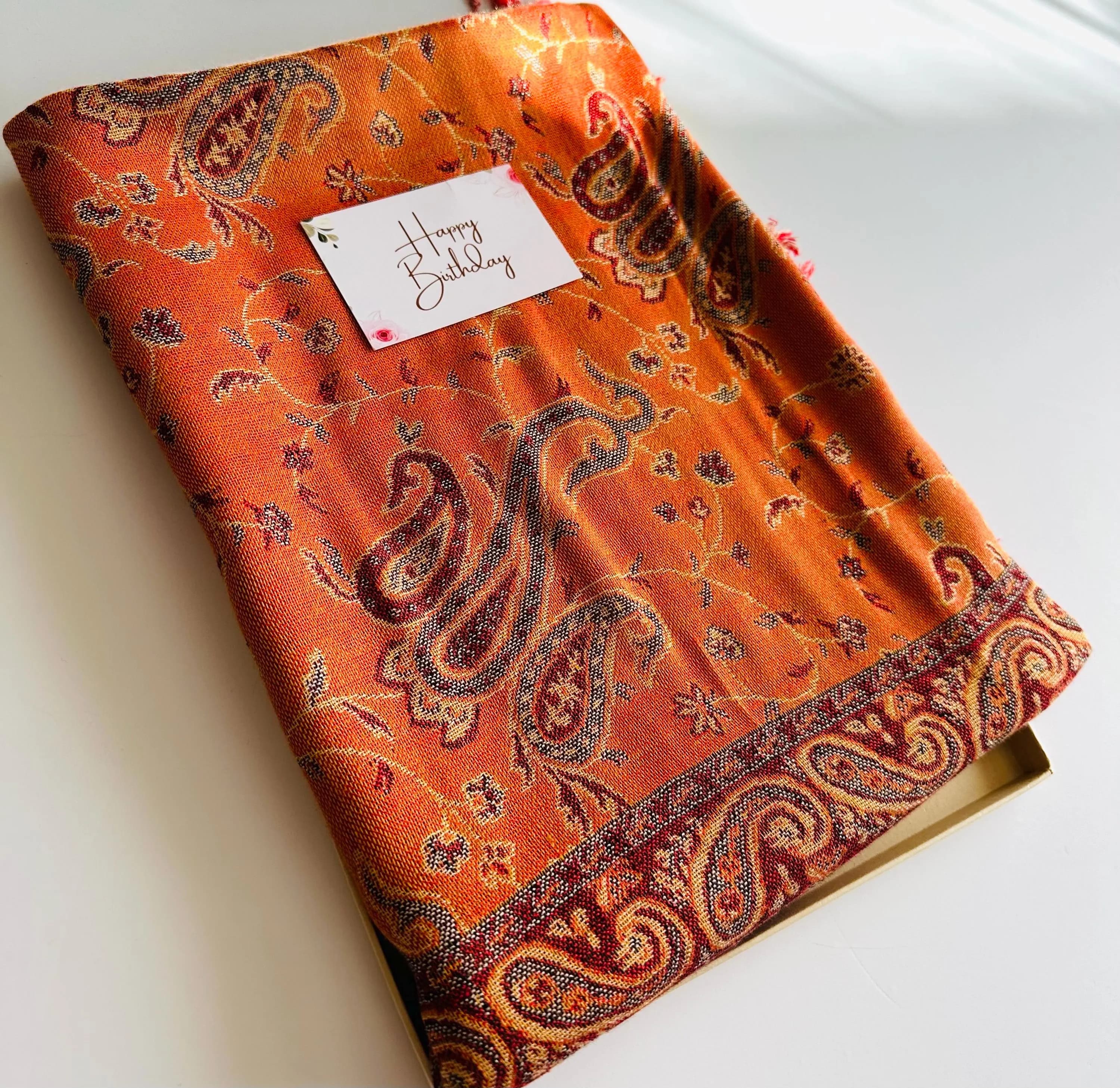 Orange Paisley Pashmina Scarf: Winter Tassel Wrap Birthday Gift for Her Mum Friend