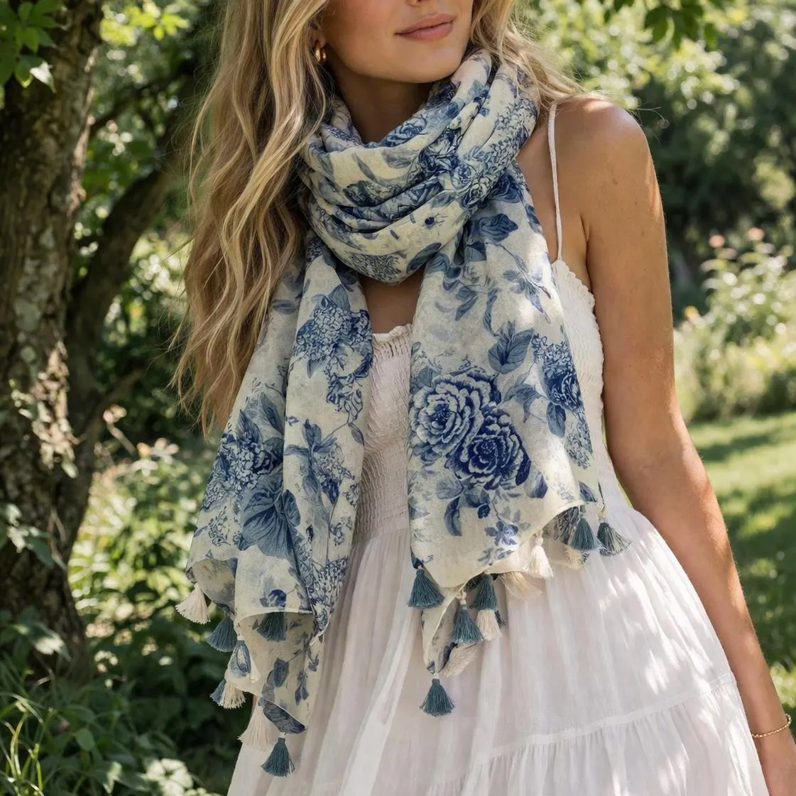 Floral Blue White Tassel Scarf  Vintage Wedding Birthday Shawl Gift For Her