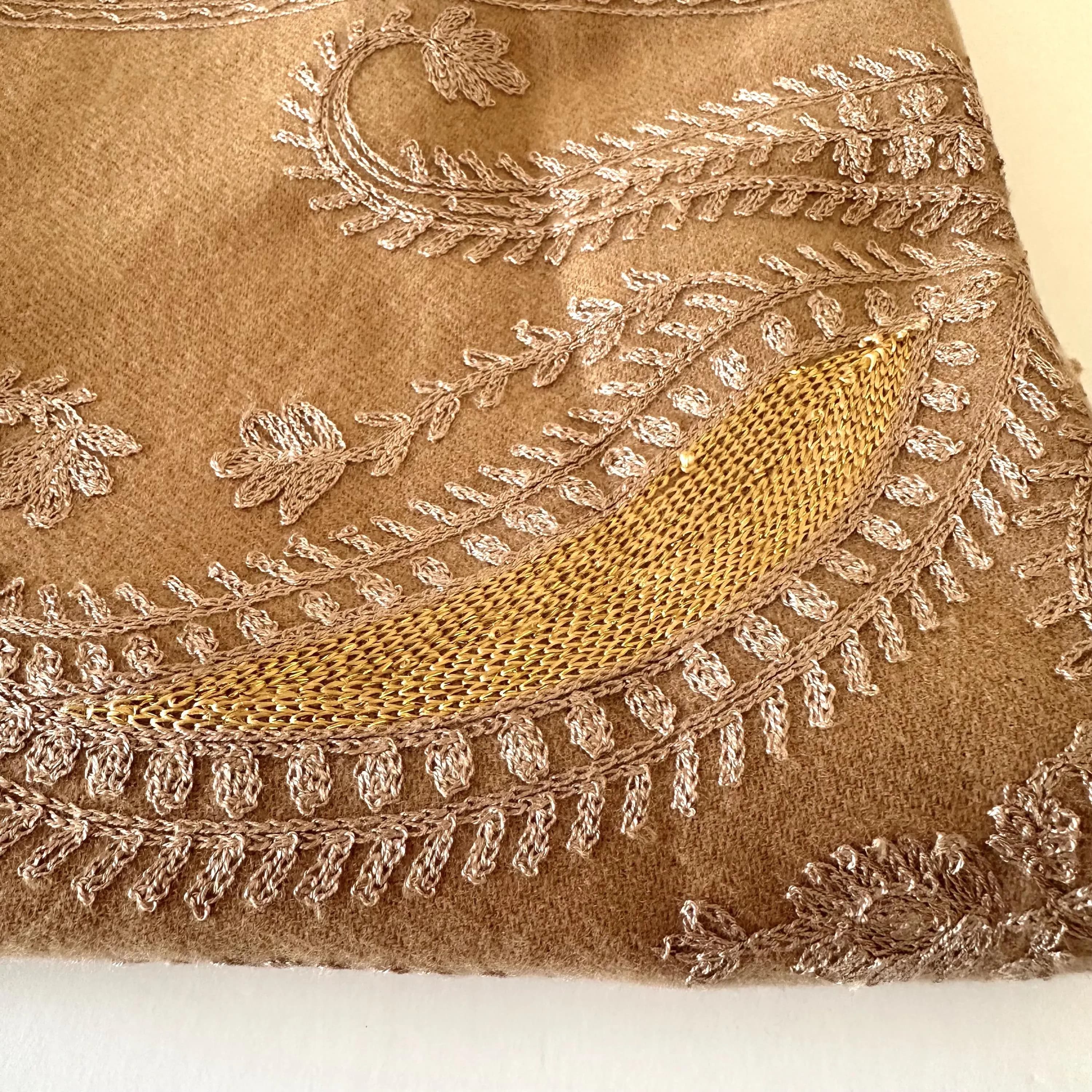 Hand Embroidered Pashmina Scarf: Latte Brown, Kashmiri Style - image 5