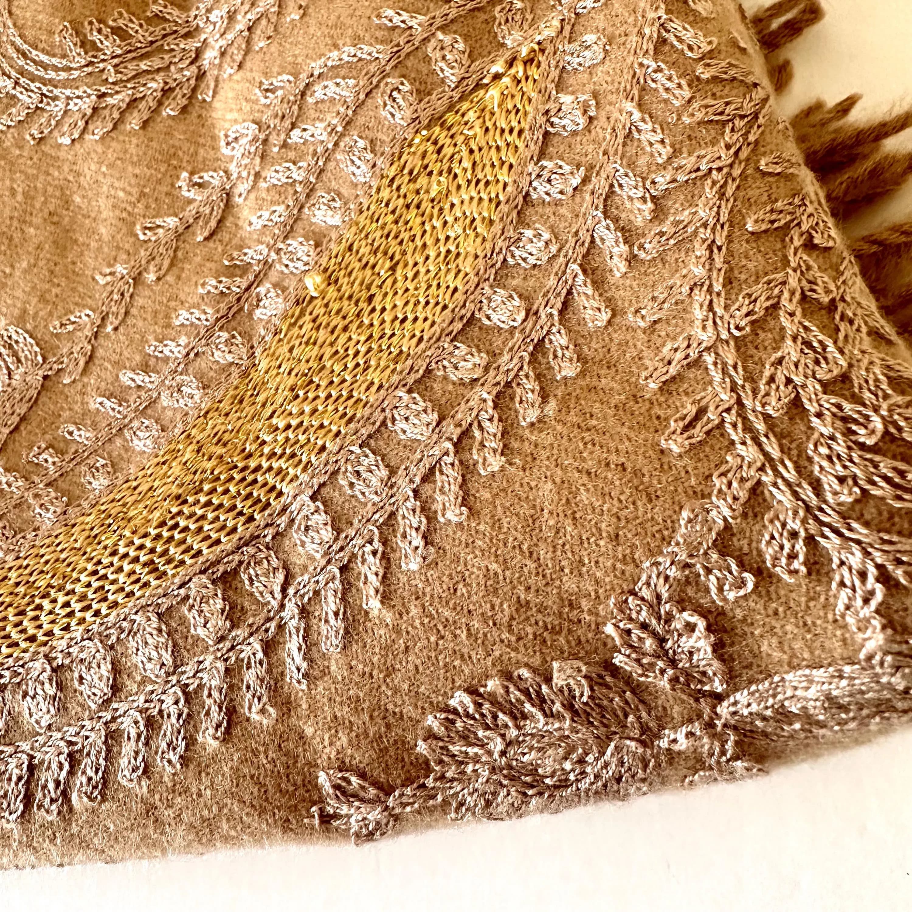 Hand Embroidered Pashmina Scarf: Latte Brown, Kashmiri Style - image 4