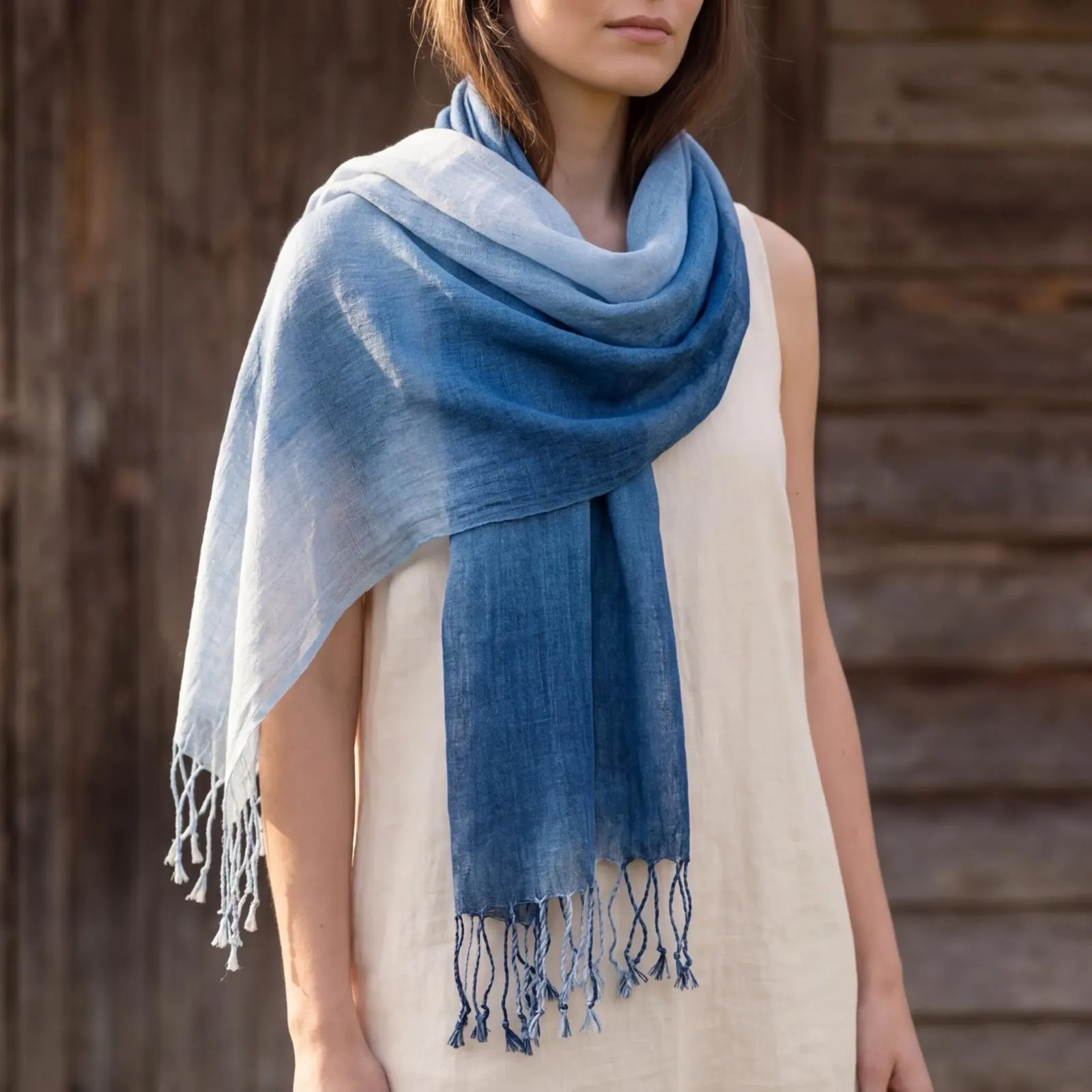 Blue & White Linen Scarf – Lightweight Tassel Wrap Gift For Her Mum