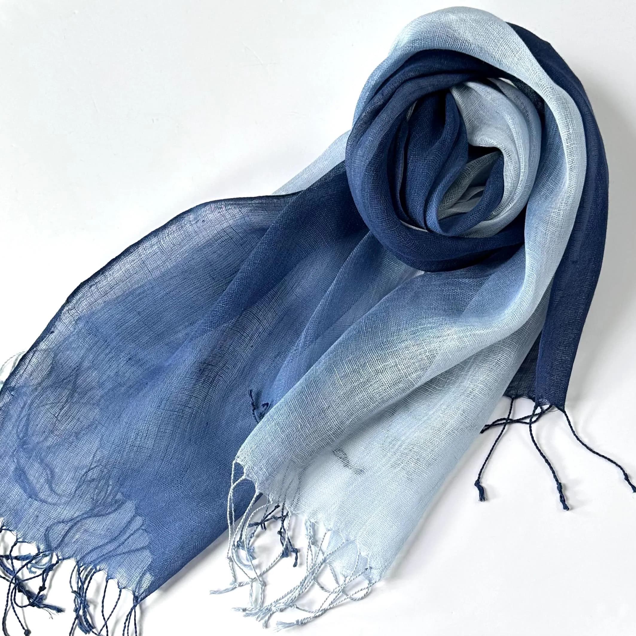 Blue & White Linen Scarf – Lightweight Tassel Wrap Gift For Her Mum - image 4