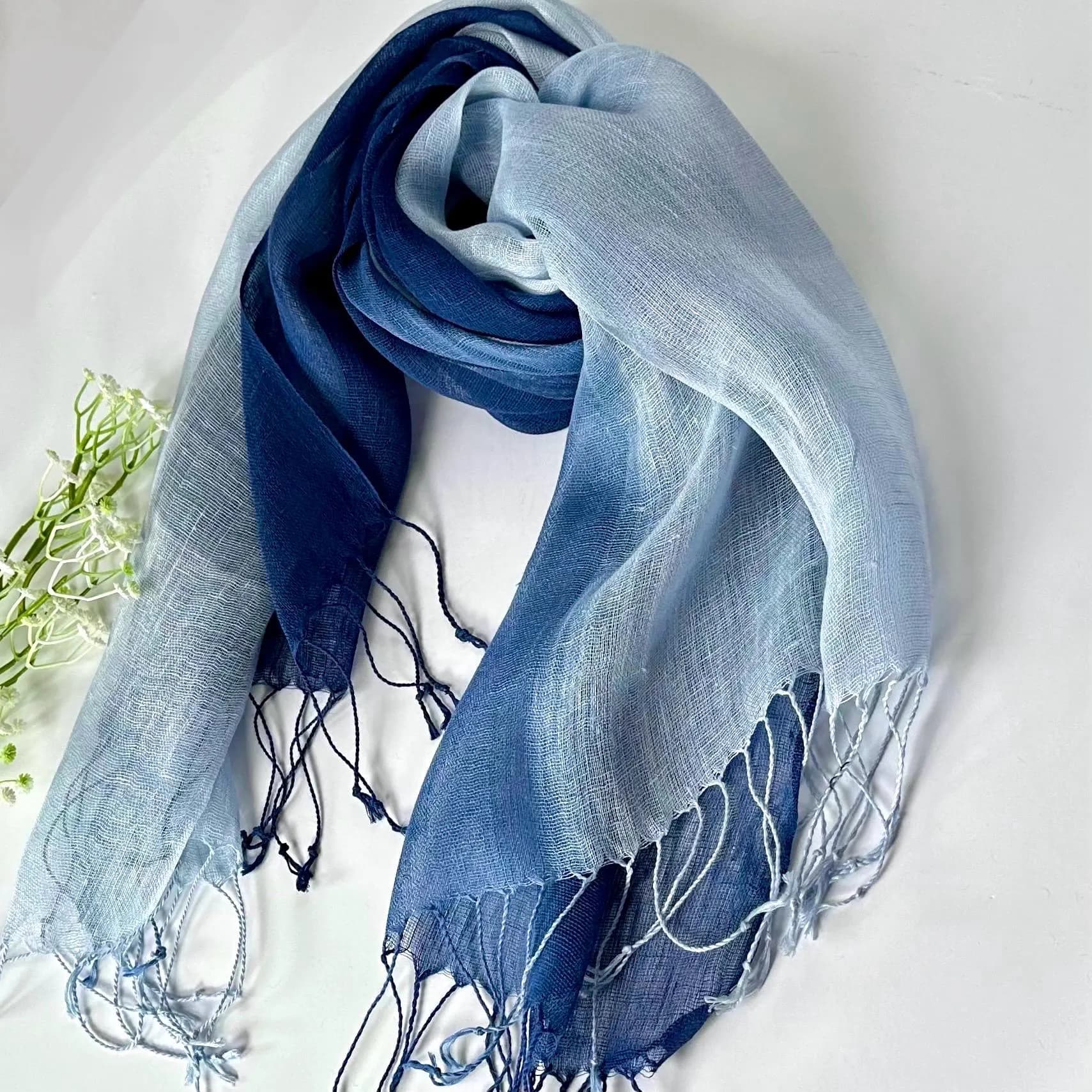 Blue & White Linen Scarf – Lightweight Tassel Wrap Gift For Her Mum - image 5