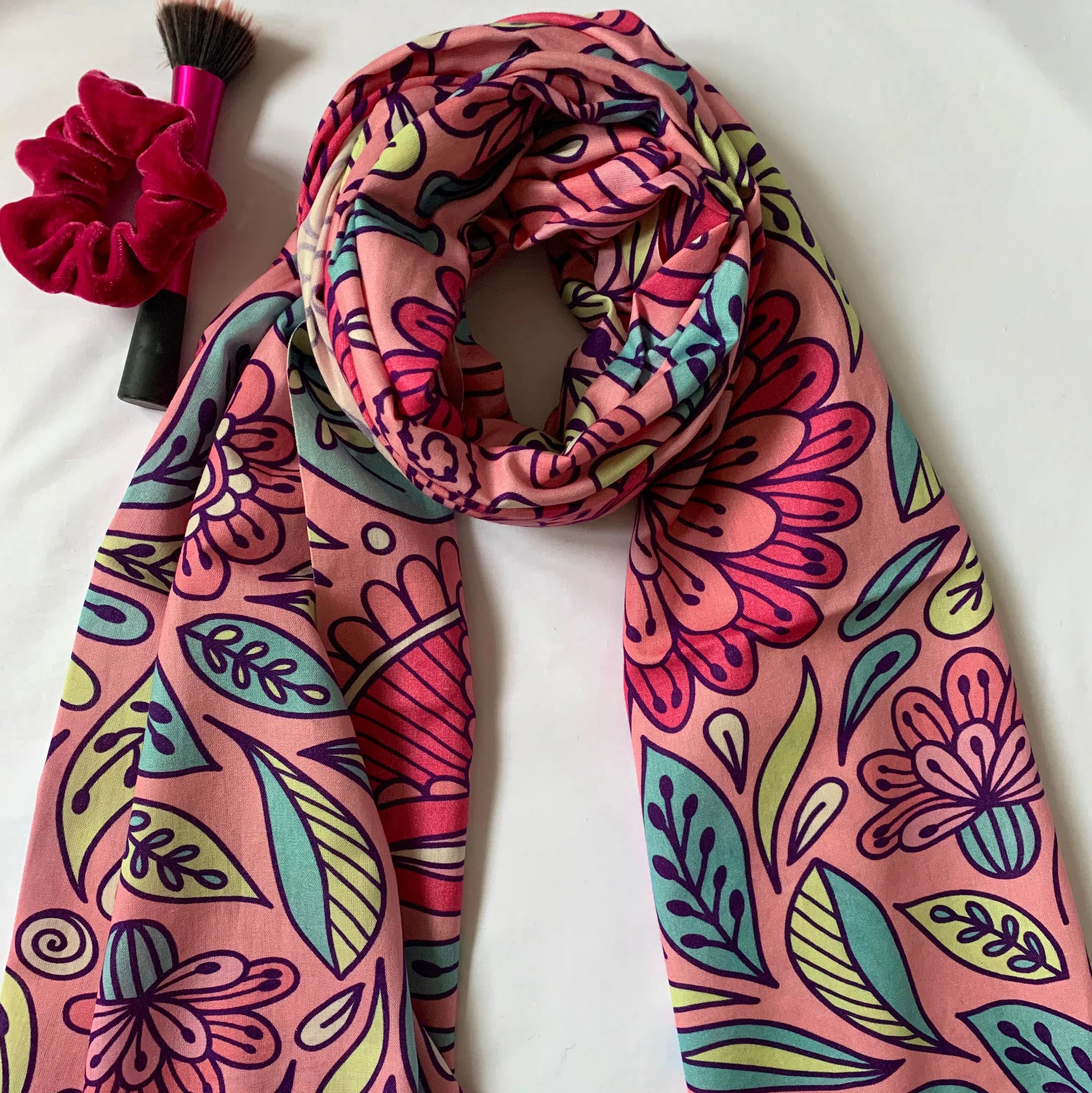 Pink Leaf Indian Cotton Scarf: Vintage Floral Shawl Wrap